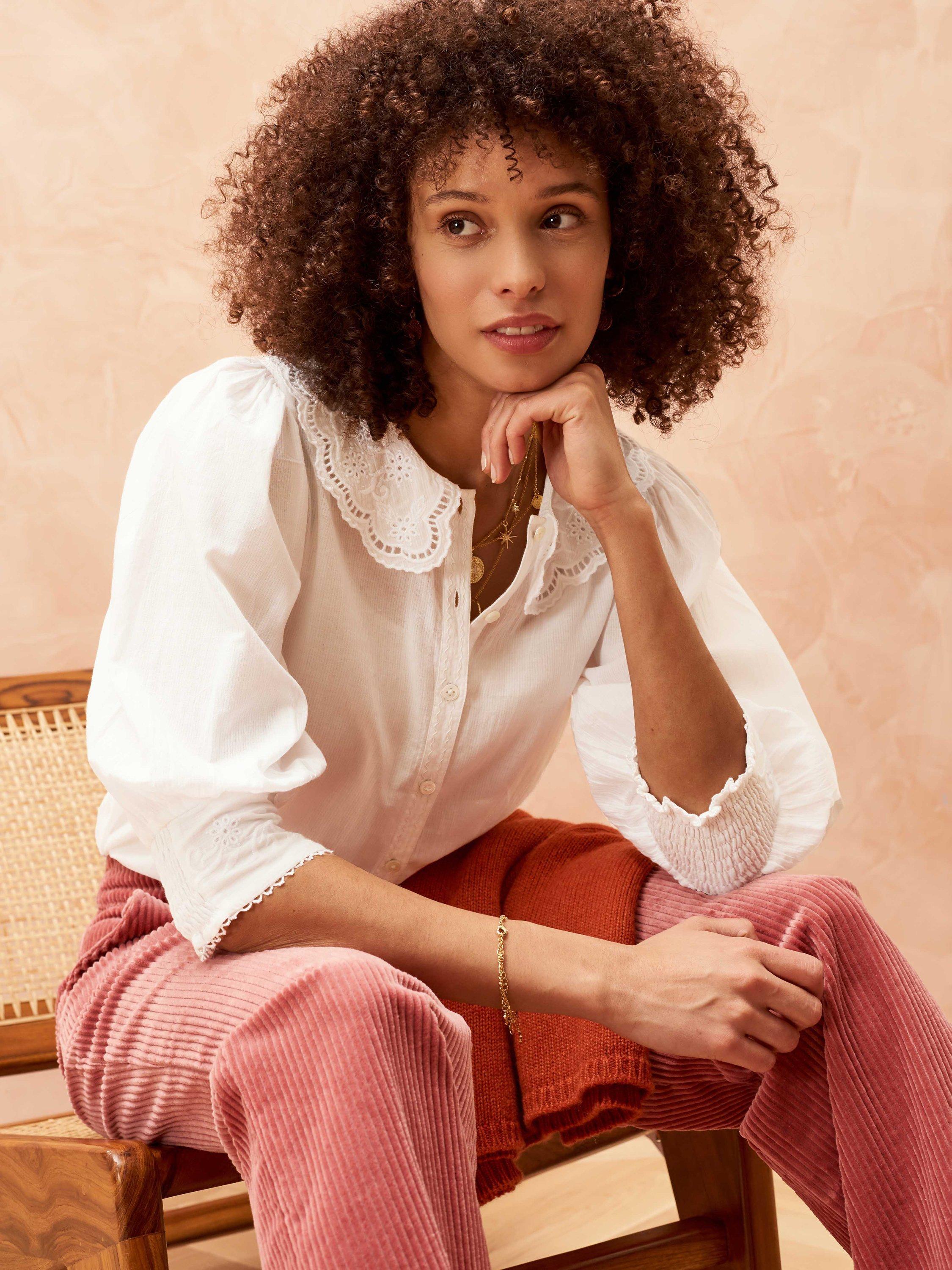 Brora Organic Cotton Lace Collar Blouse, White