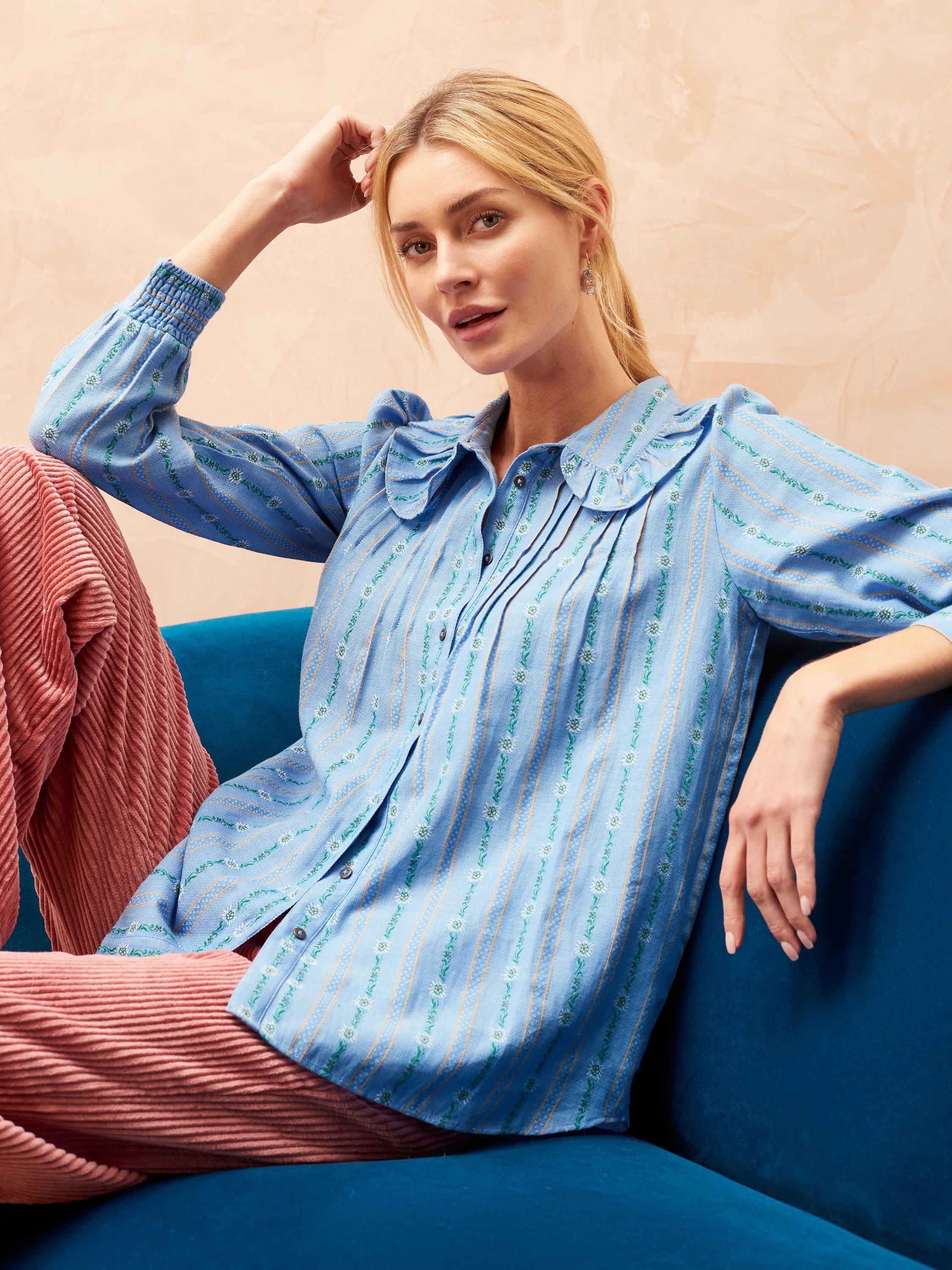 Brora Folk Cotton Stripe Top, Sky