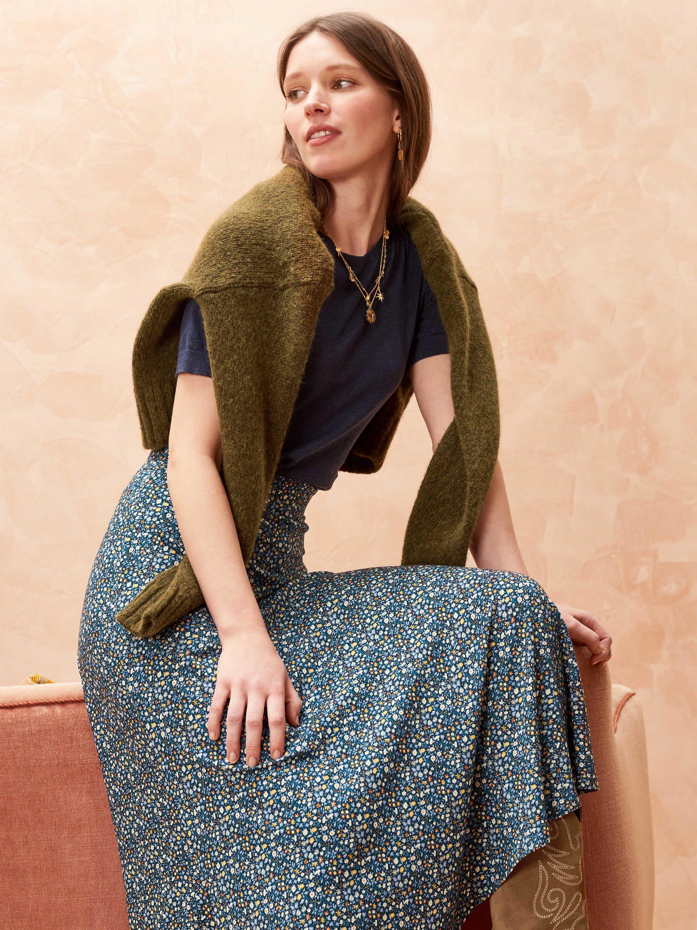 Brora Liberty Print Jersey Midi Skirt, Navy Ditsy