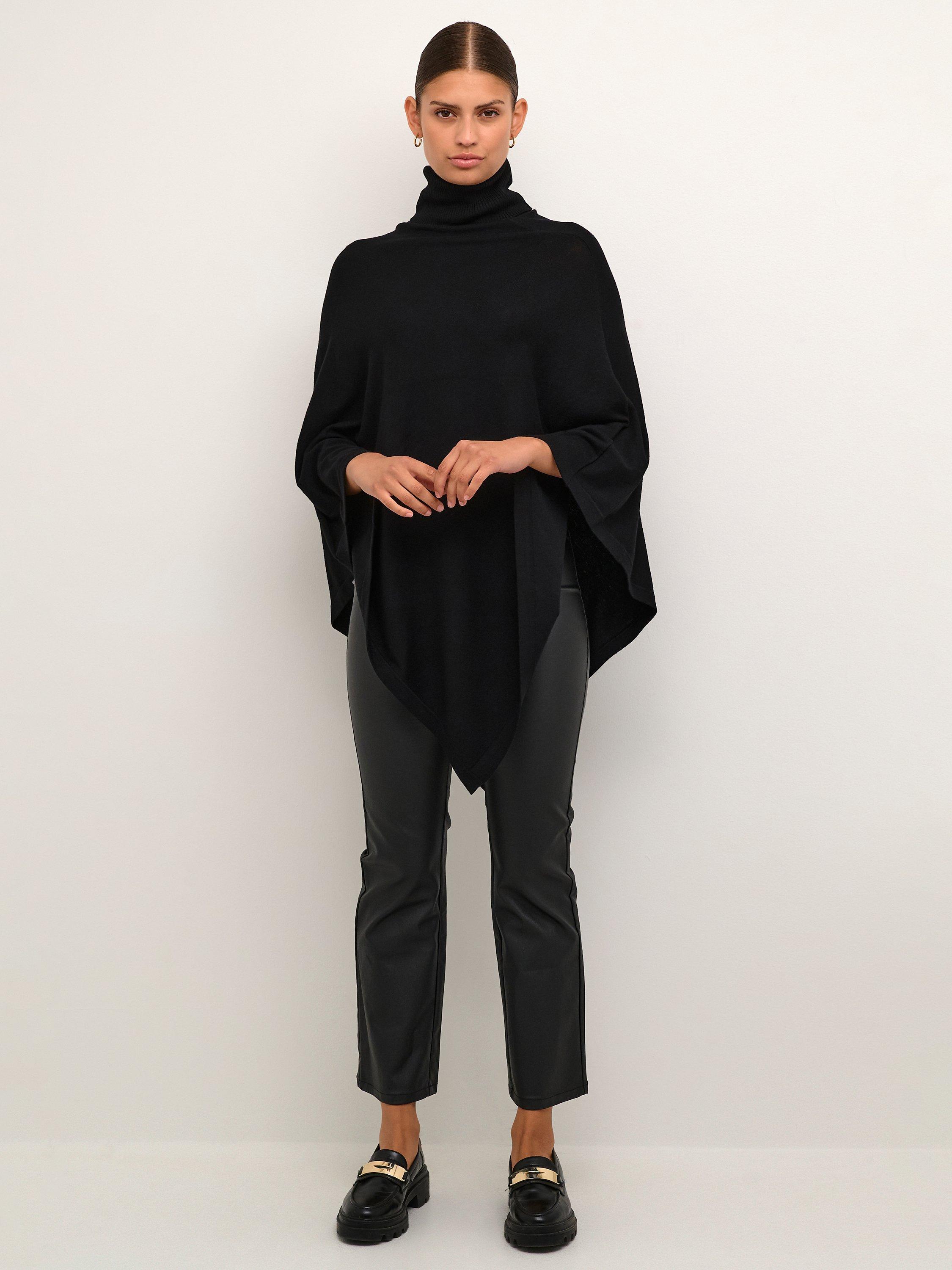 KAFFE Karin Asymmetric Hem Poncho, Deep Black, One Size