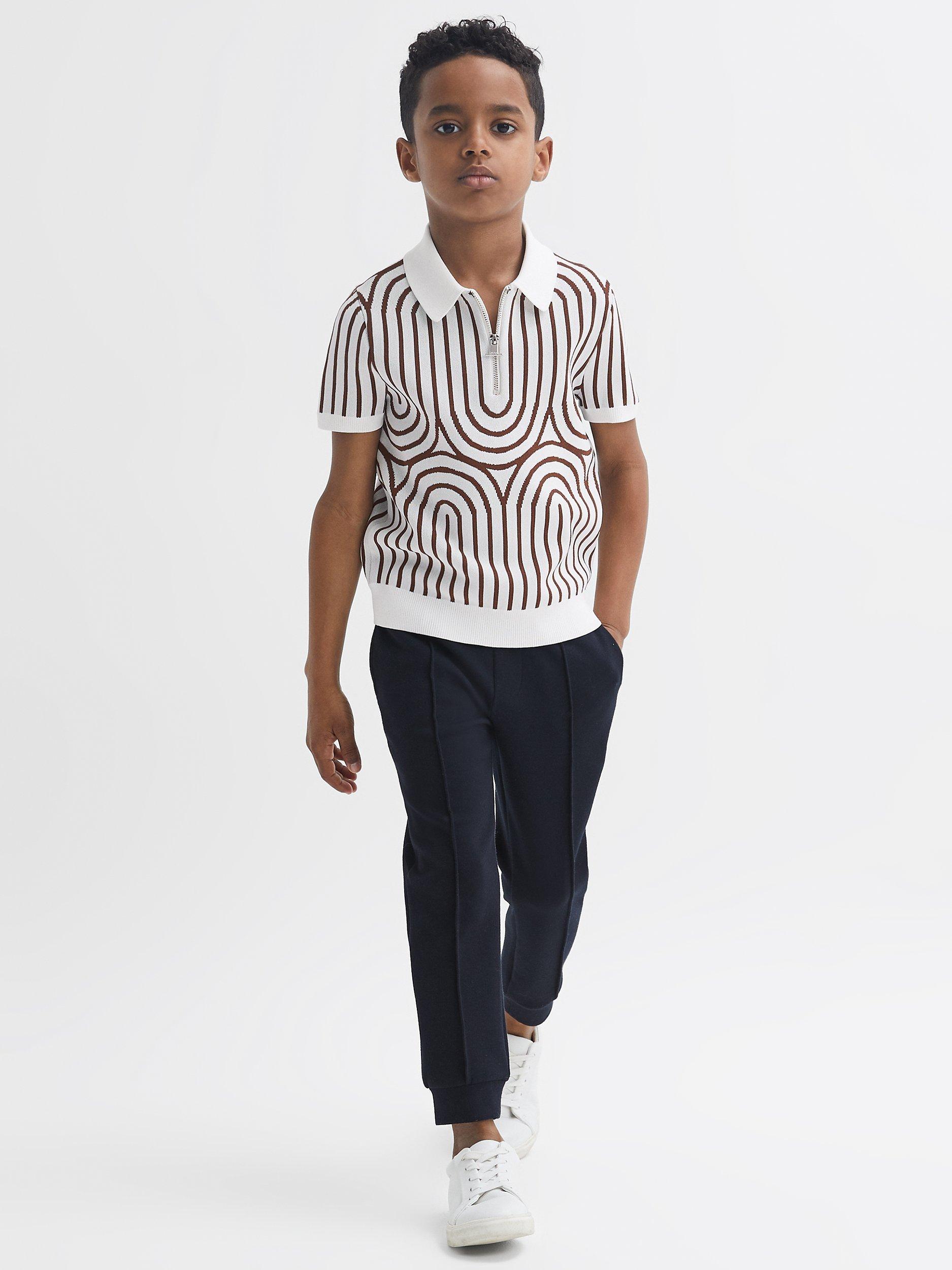 Reiss Kids’ Maycross Wave Half Zip Short Sleeve Top, White/Brown