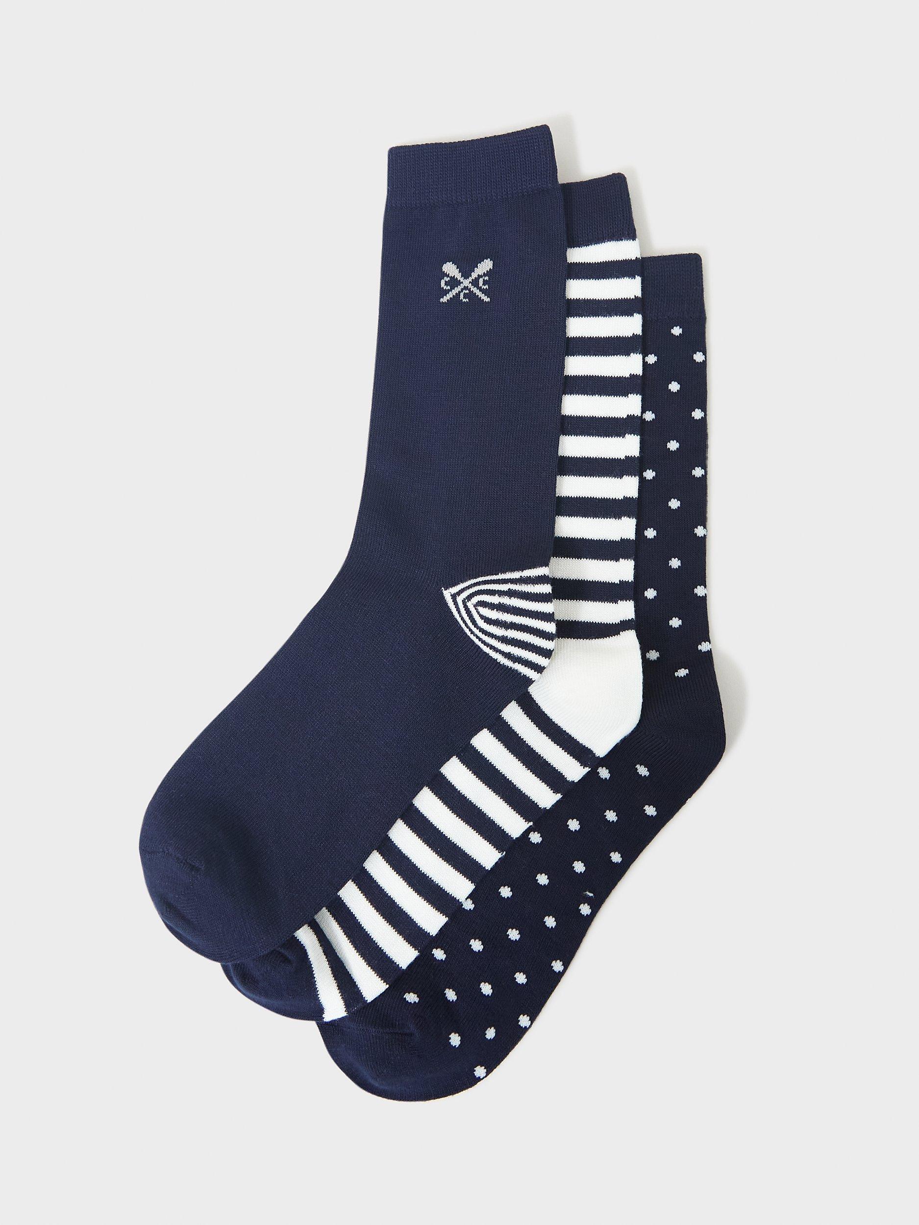 Product image 1 of 2, which shows Crew Clothing Spot and Stripe Bamboo Ankle Socks, Pack of 3