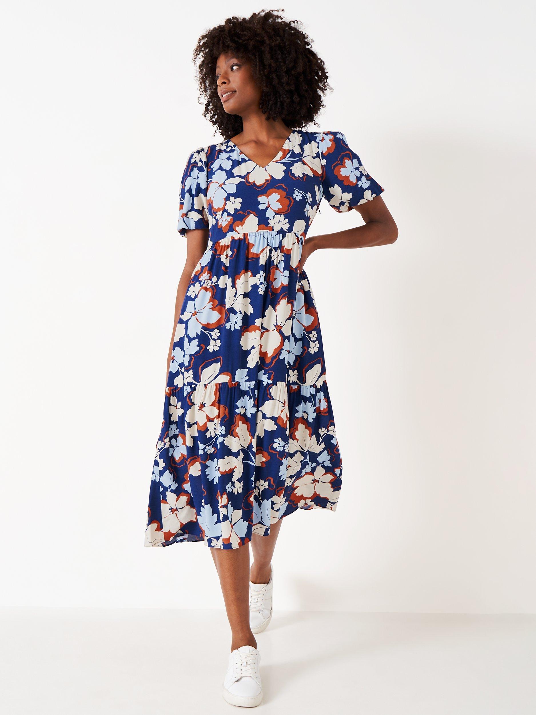 Crew Clothing Irene Midi Floral Dress, Multi Blue