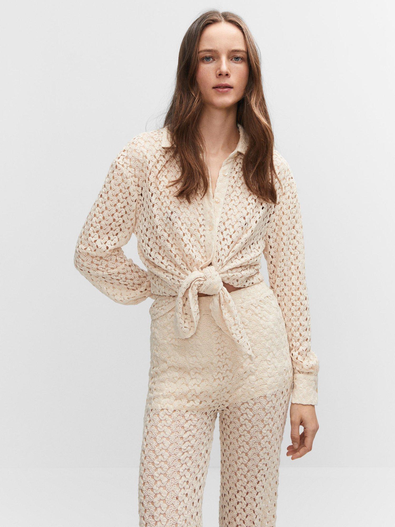 Mango Elena Straight Crochet Trousers, Light Beige