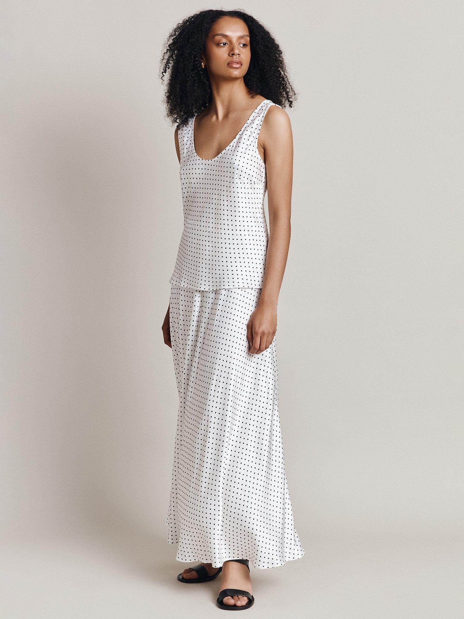 Ghost Adrianna Spot Print Satin Maxi Skirt, White/Black