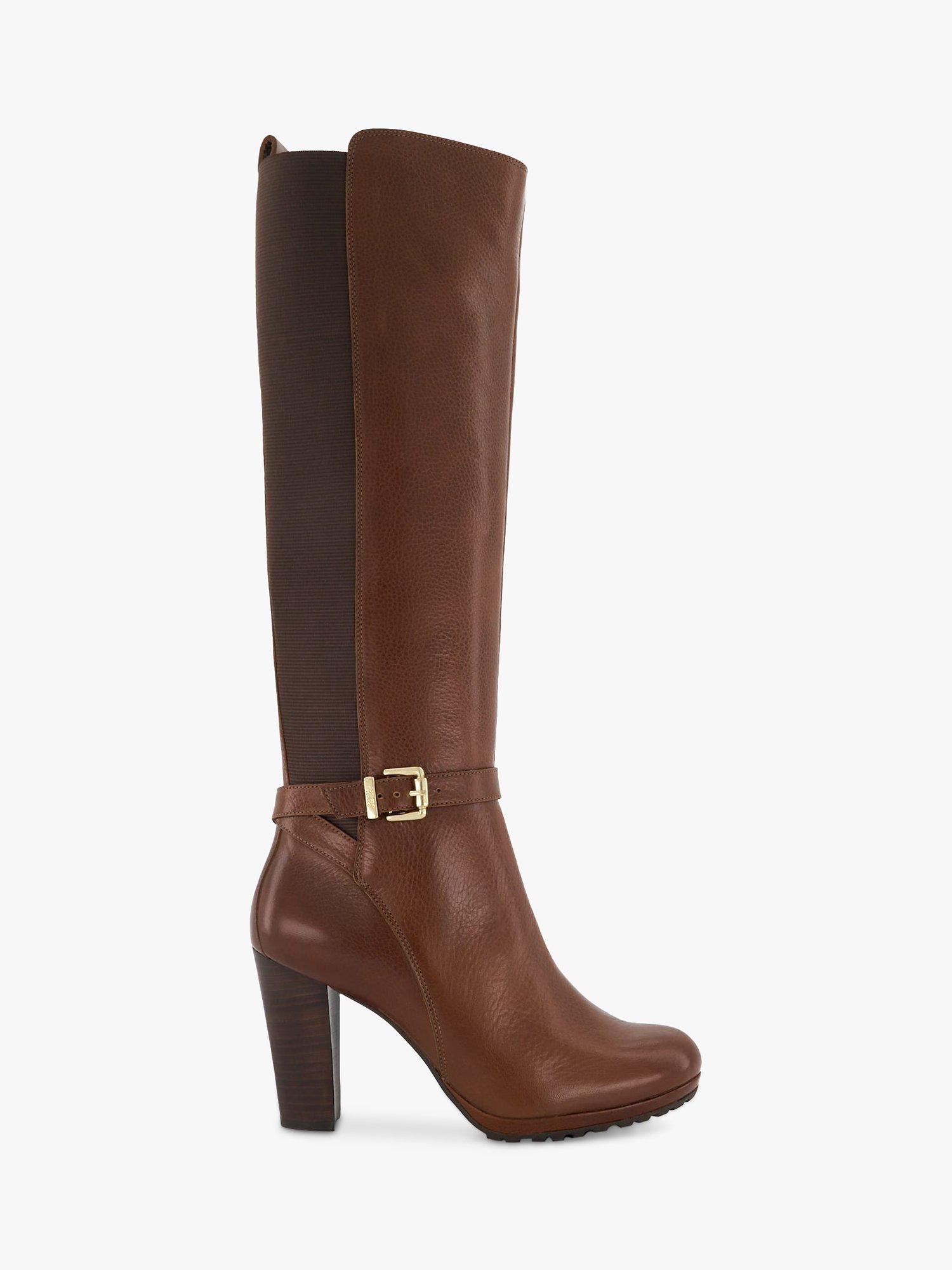 Dune Sareena Leather Buckle Detail Knee High Boots, Tan-leather