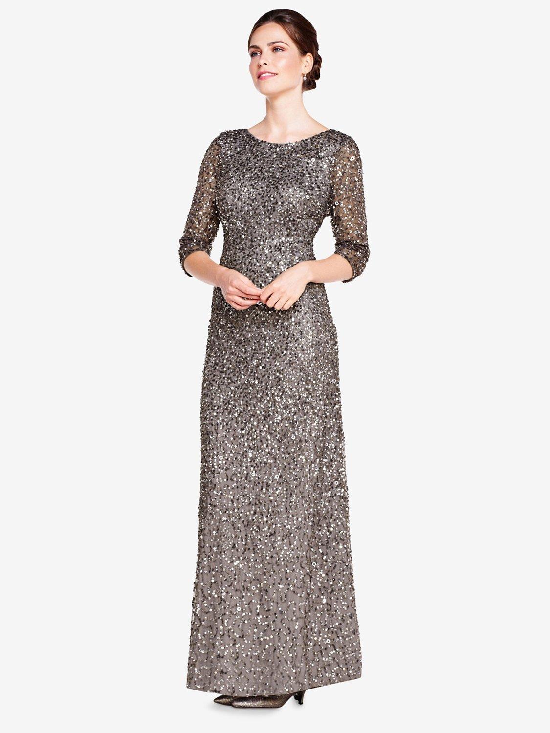 Adrianna Papell Beaded 3/4 Sleeve Mermaid Maxi Dress, Lead