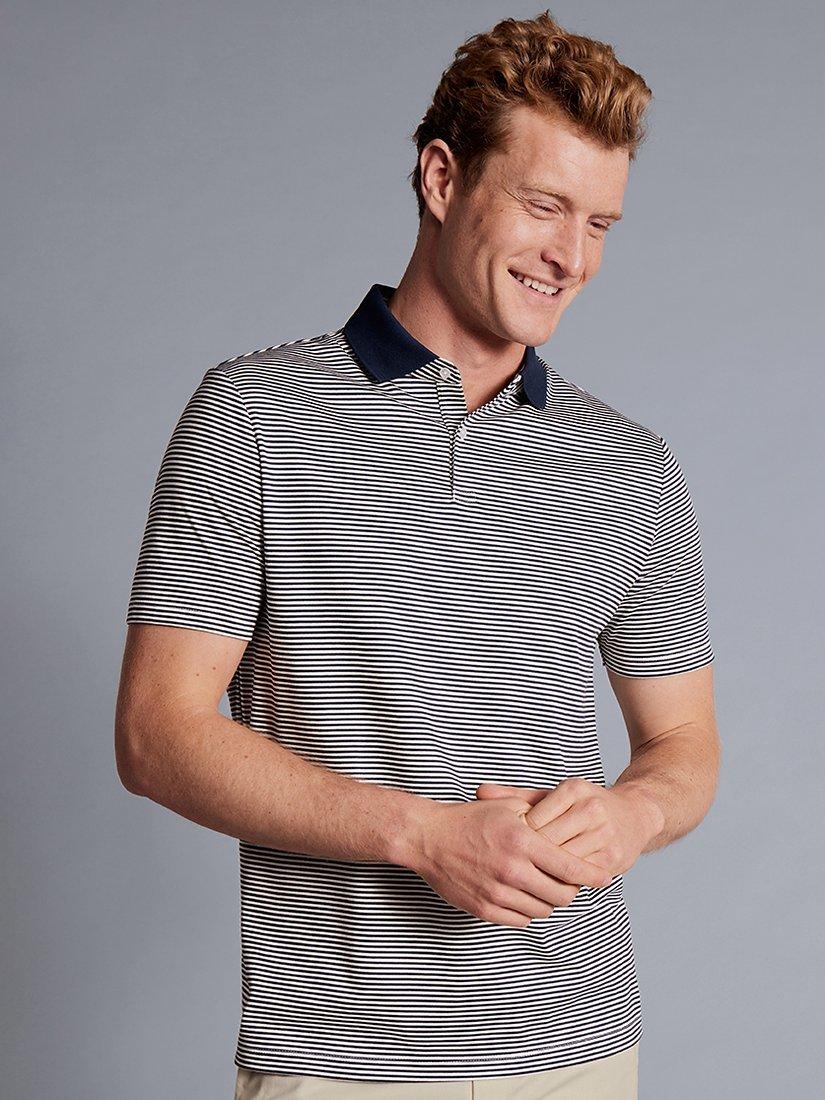 Charles Tyrwhitt Fine Stripe Short Sleeve Jersey Polo Shirt, White/Navy