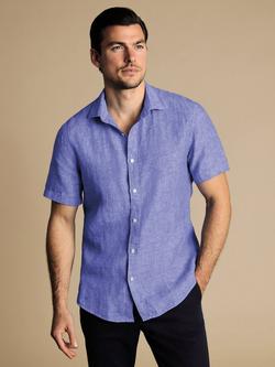 Charles Tyrwhitt Linen Slim Fit Short Sleeve Shirt, Lemon, Cobalt Blue