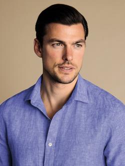 Charles Tyrwhitt Linen Slim Fit Short Sleeve Shirt, Lemon - view 2, Cobalt Blue