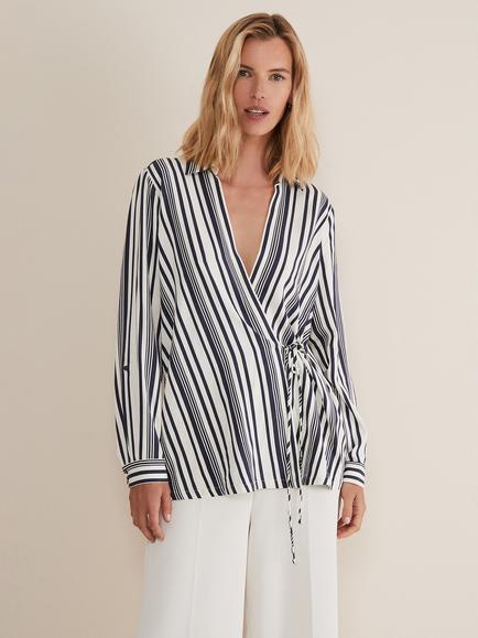 Phase Eight Dalila Striped Wrap Blouse, Carbon/Ivory, Carbon/Ivory