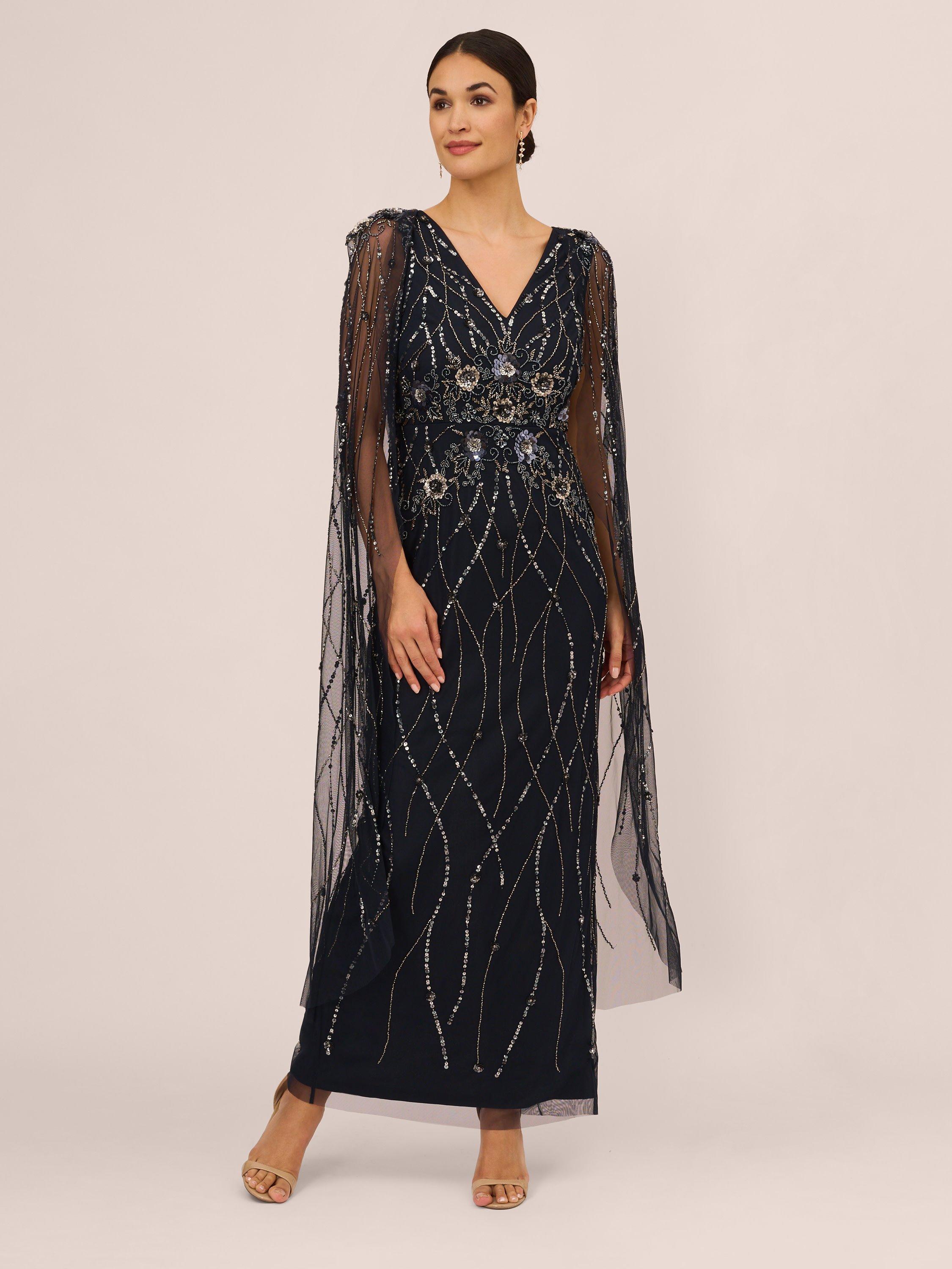 Adrianna Papell Beaded Cape Dress, Midnight