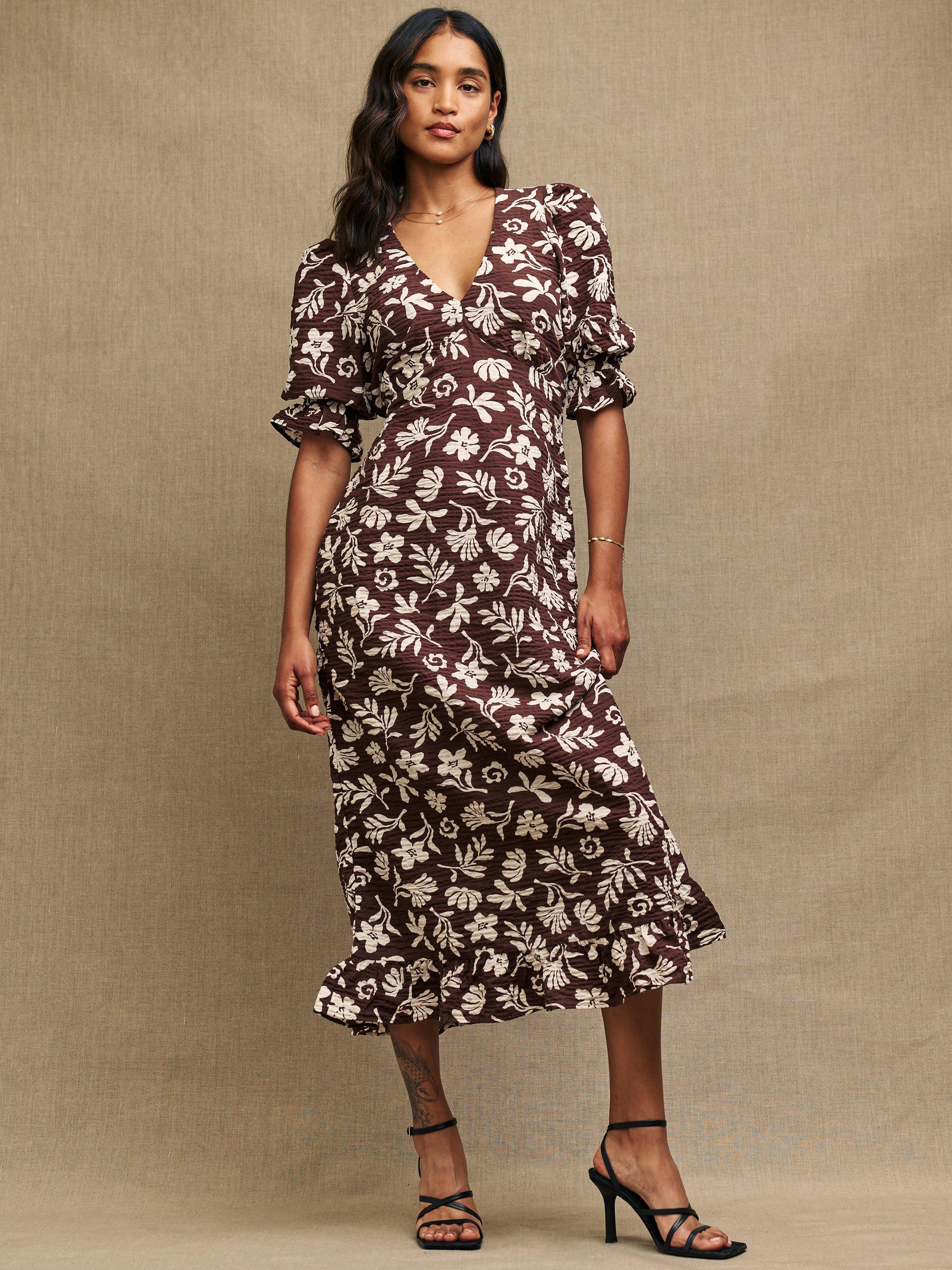 Nobody's Child Petite Delilah Botanical Print Midi Dress, Brown/Multi