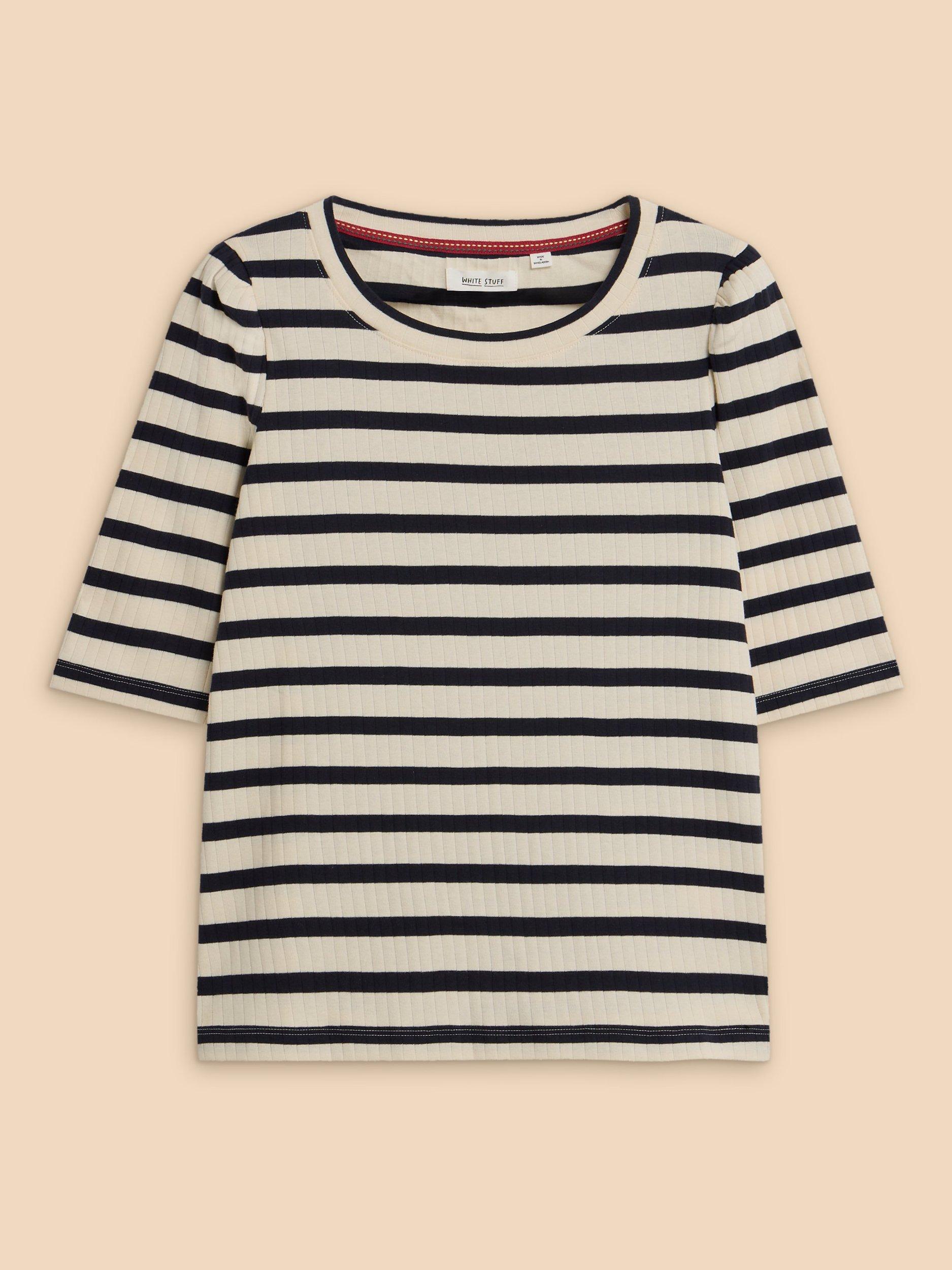 White Stuff Stripe Puff Sleeve Tee, White Multi, 24