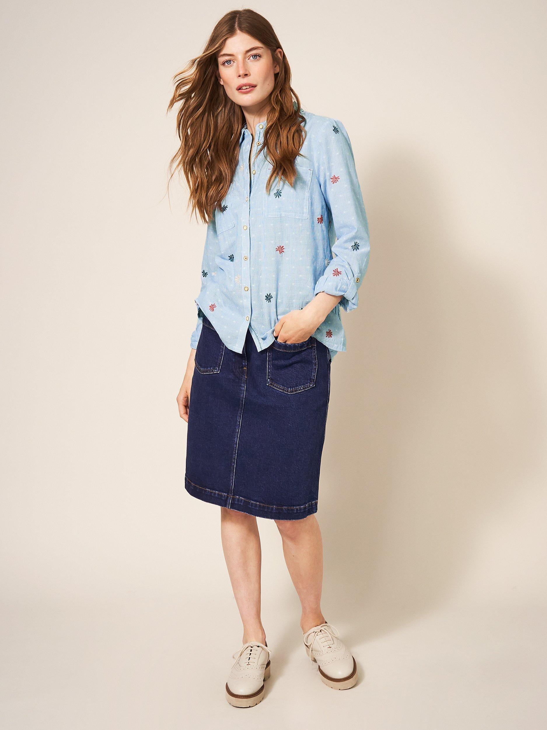White Stuff Sophie Embroidered Shirt, Blue/Multi