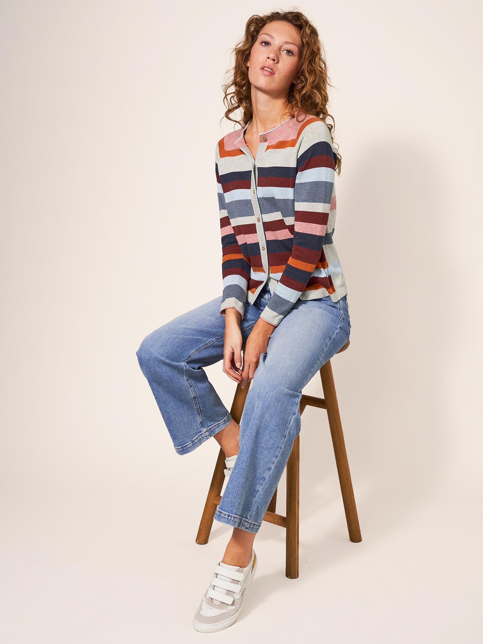 White Stuff Lulu Stripe Organic Cotton Cardigan, Pink/Multi
