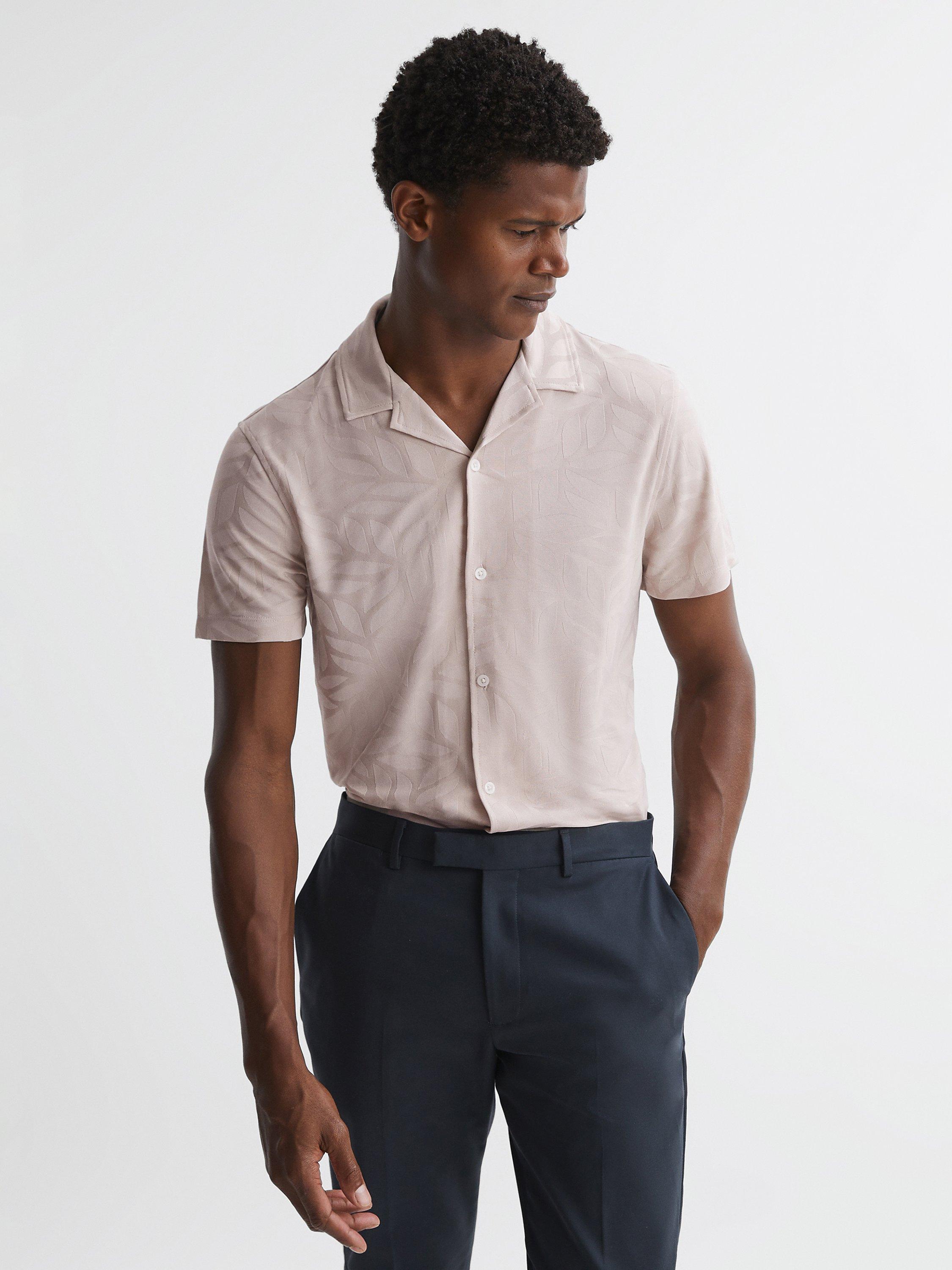 Reiss Basswood Floral Jaquard Short Sleeve Shirt, Stone