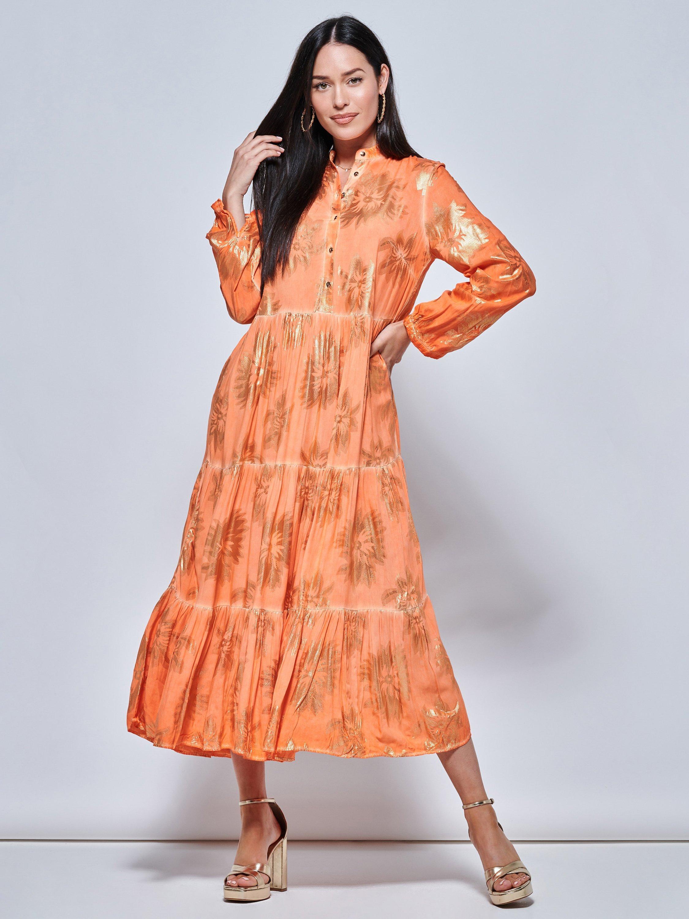 Jolie Moi Floral Tiered Shirt Midi Dress Orange