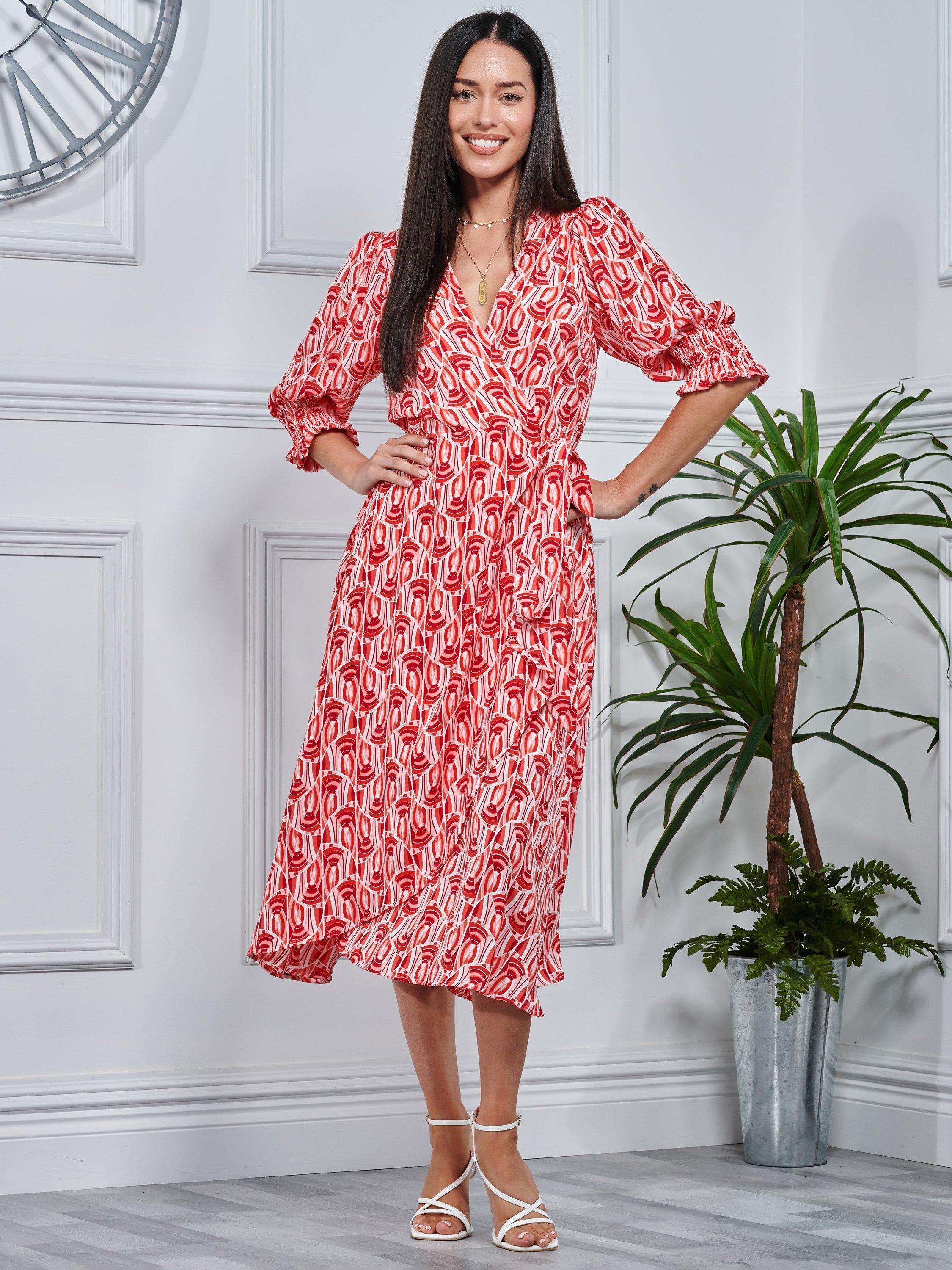 Jolie Moi Ellie Geometric Wrap Midi Dress, Red