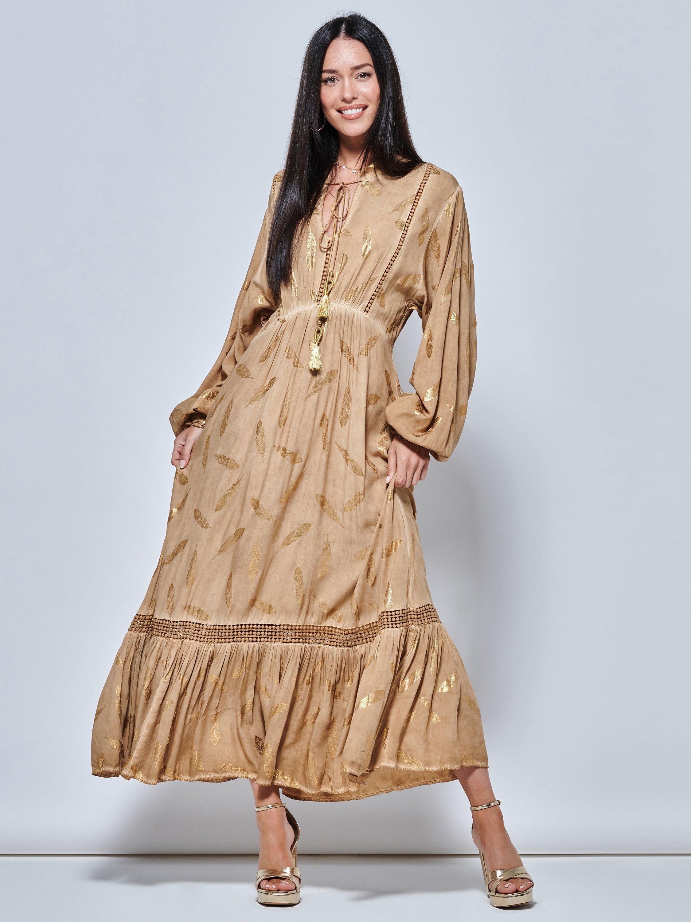 Jolie Moi Feathers Trim Maxi Dress, Khaki Pattern