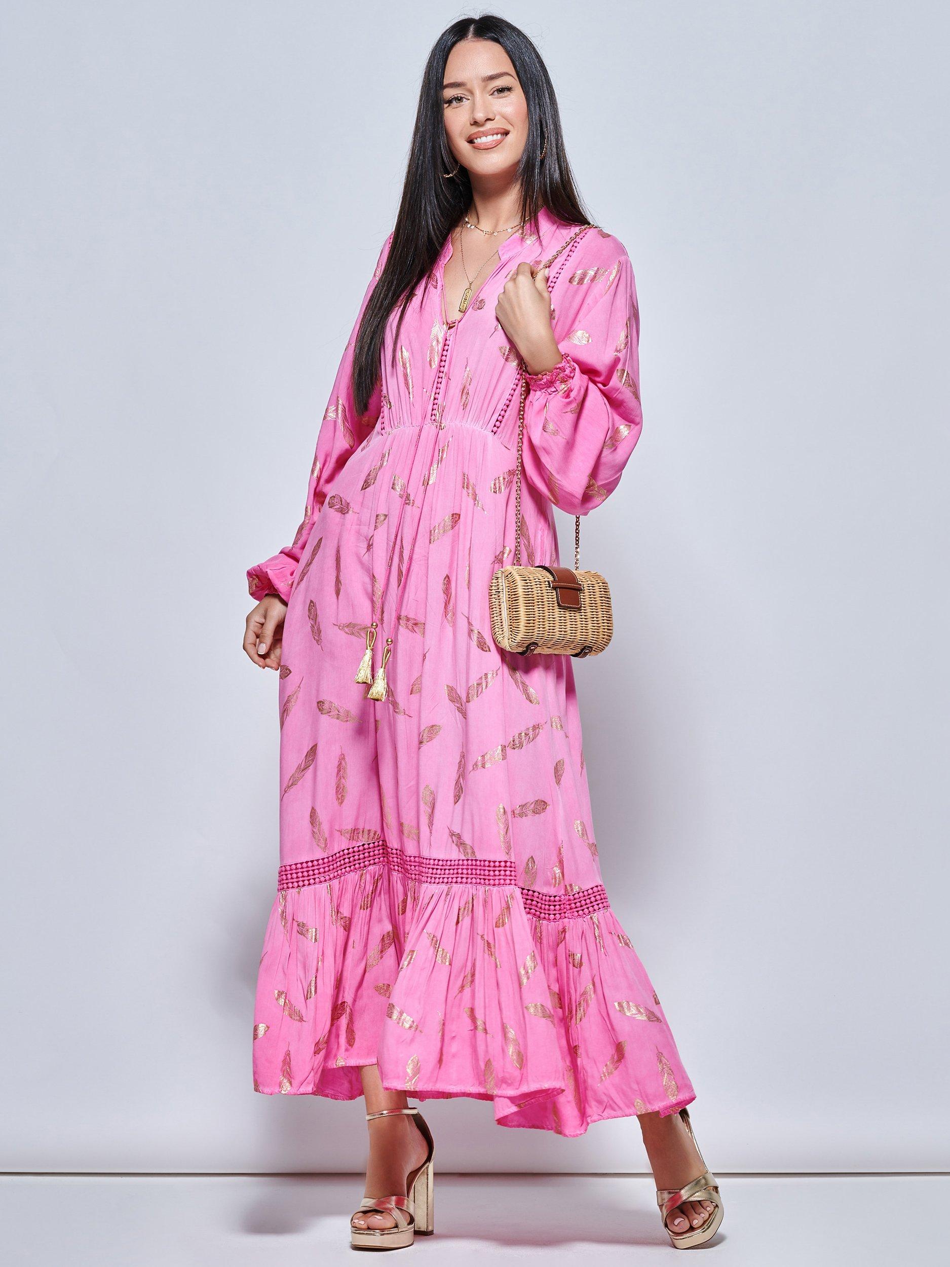 Jolie Moi Feathers Trim Maxi Dress, Pink
