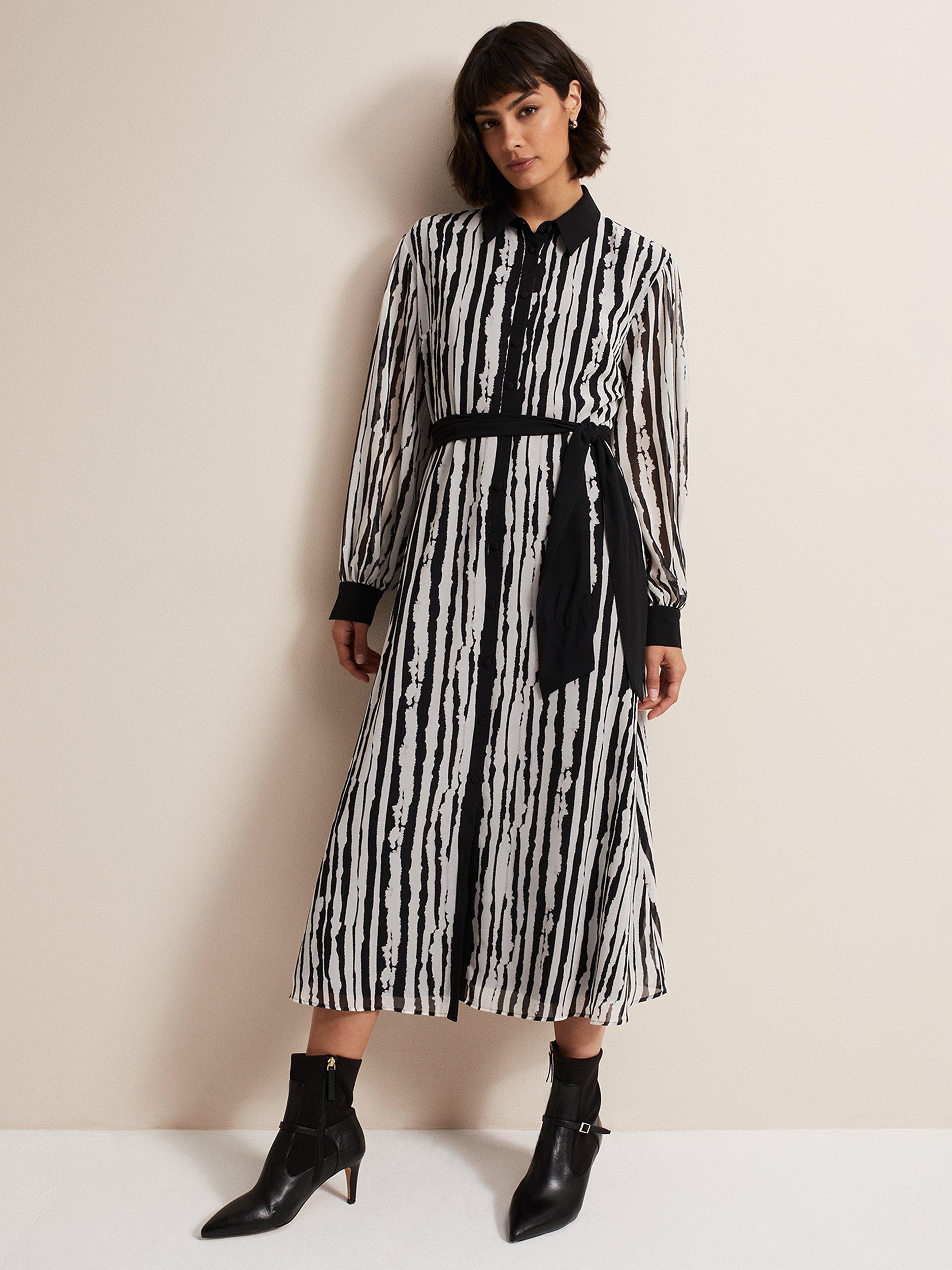 Phase Eight Serena Striped Midi Dress, Black/Ivory