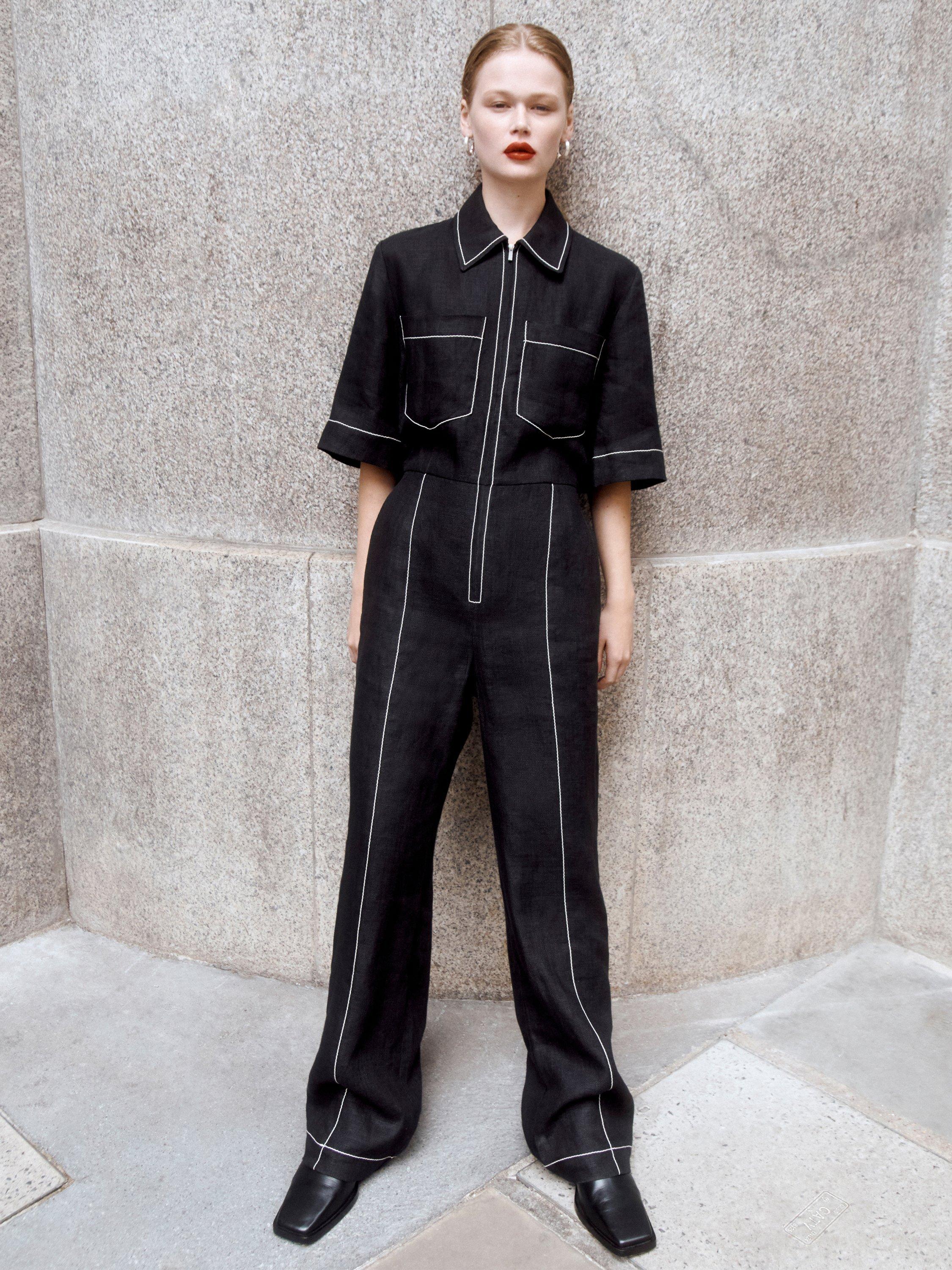 Jigsaw Linen Wide Leg Boilersuit, Black