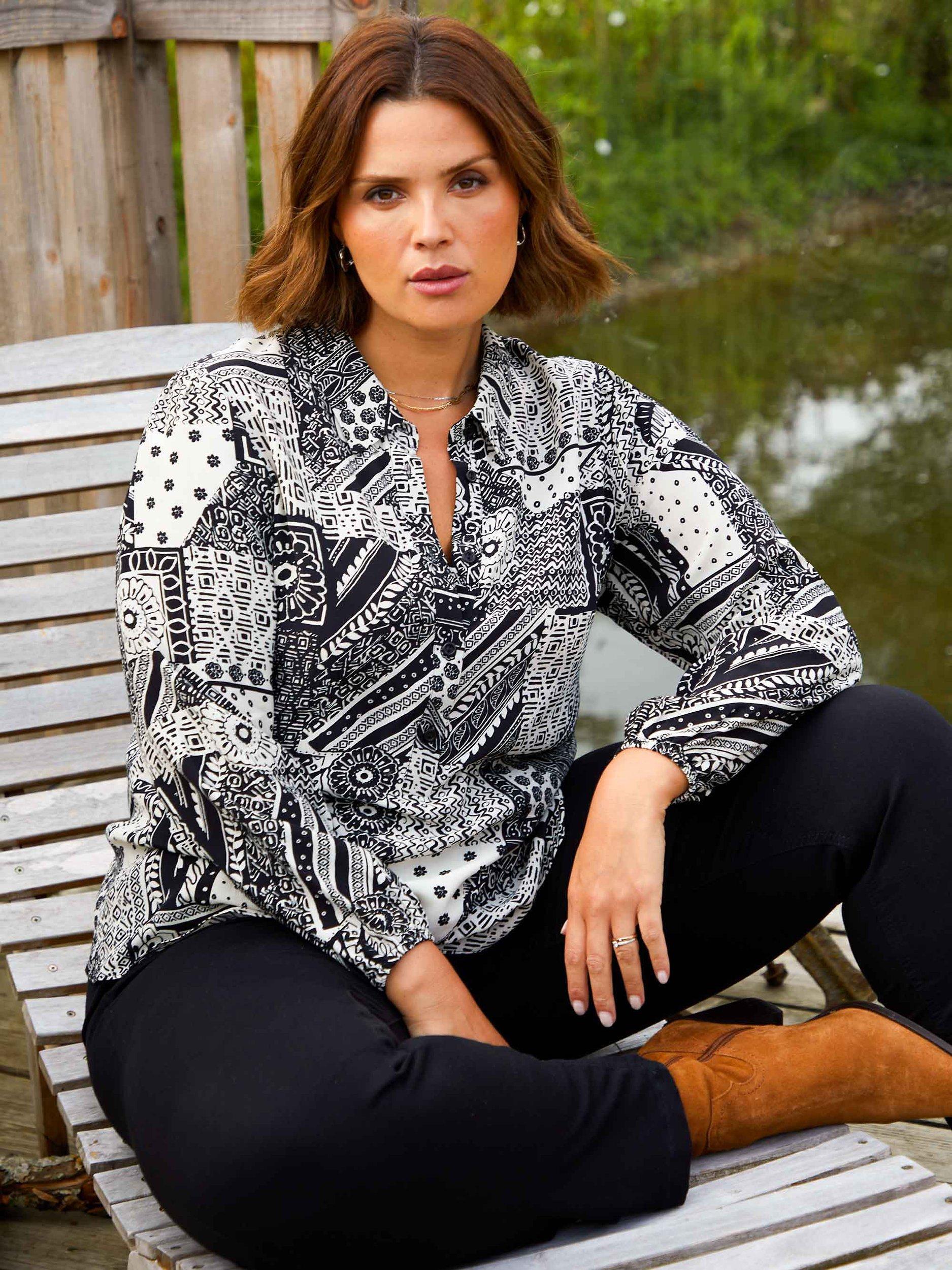 Live Unlimited Curve Monochrome Patchwork Paisley Print Swing Shirt, Black