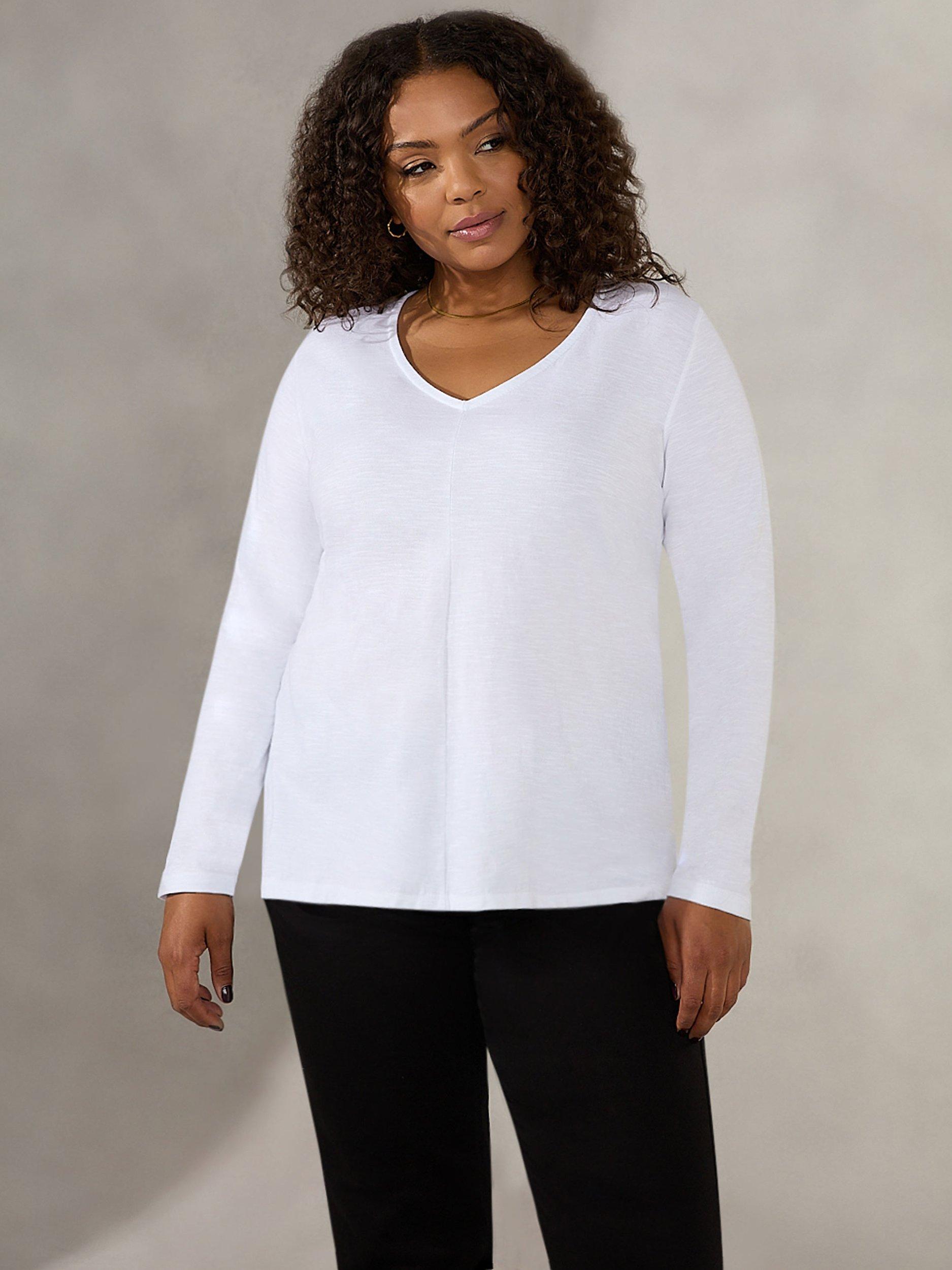 Live Unlimited Curve Cotton Slub V Neck Long Sleeve T-Shirt, White