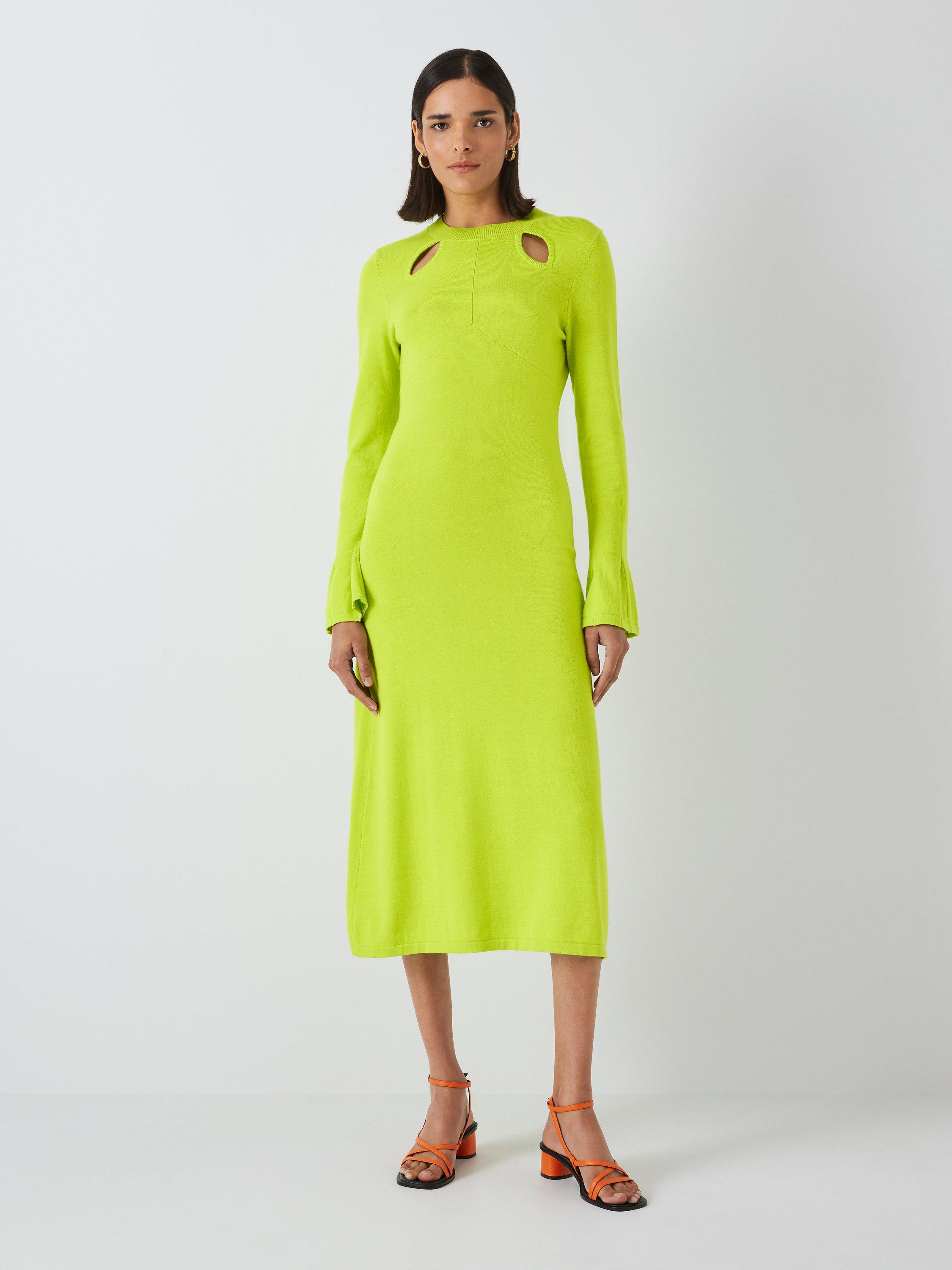 Olivia Rubin James Cotton Knitted Cut Out Detail Midi Dress, Lime Green