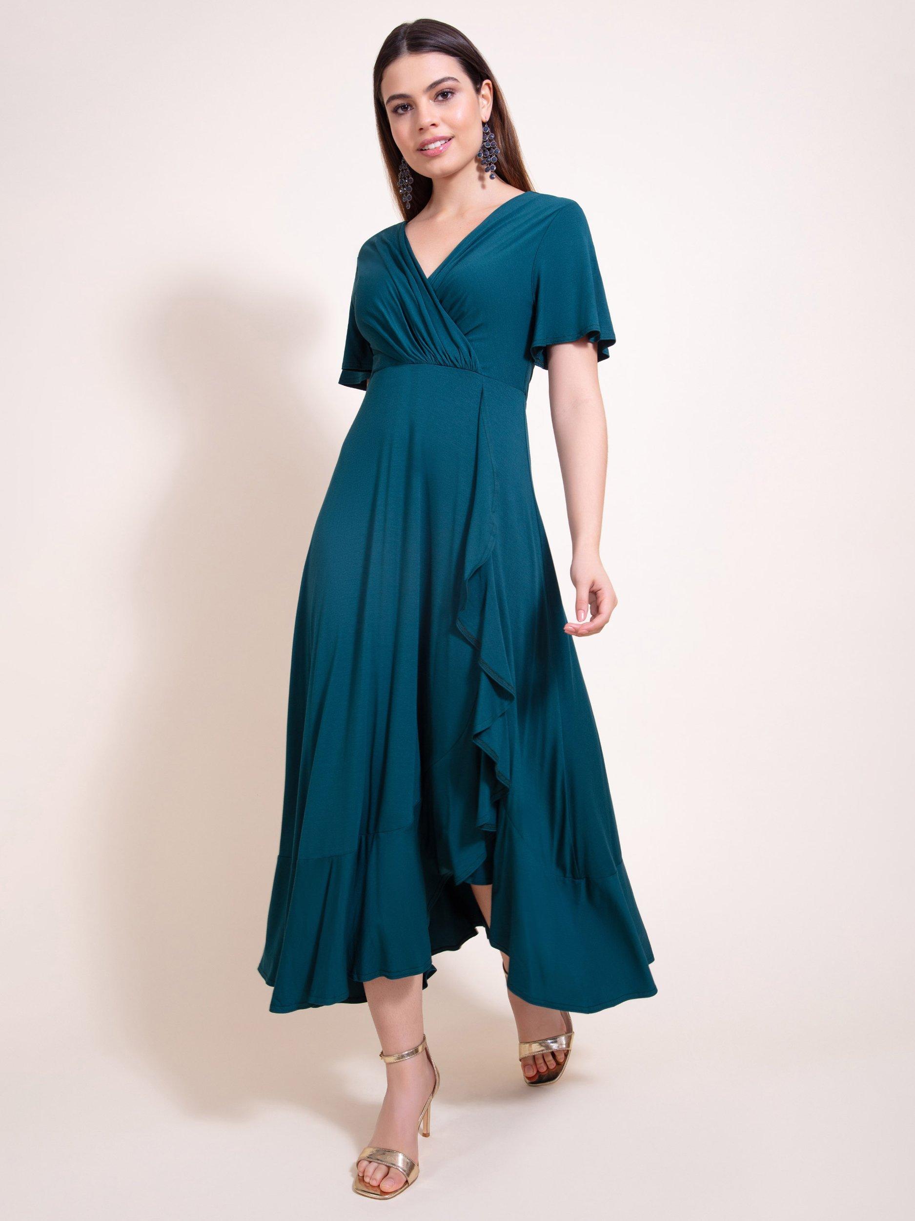 Product image 2 of 9, which shows Alie Street Plain Waterfall Dress, Pine Green, 8-10