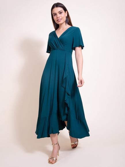 Alie Street Plain Waterfall Dress, Pine Green - view 2, Pine Green