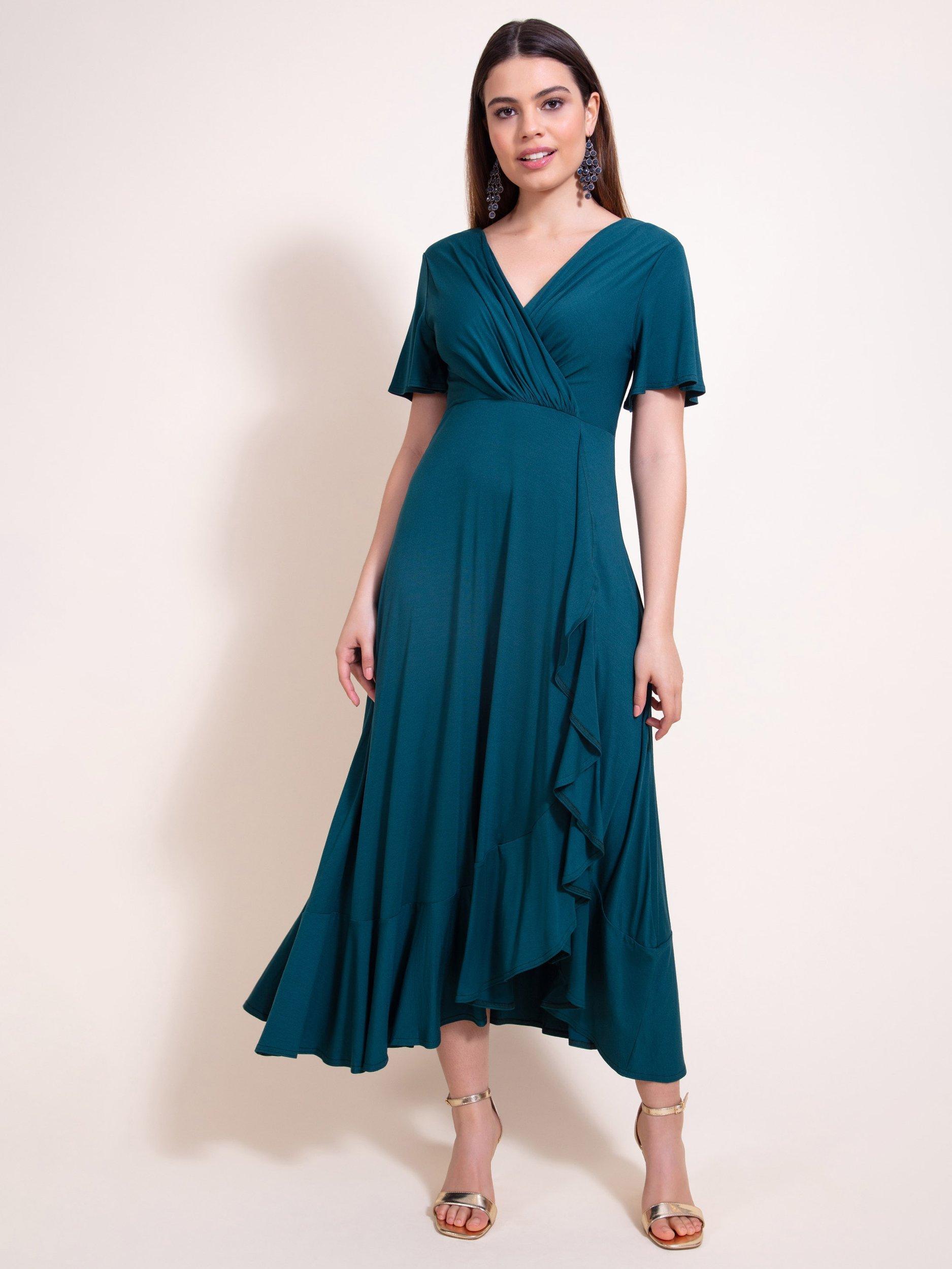 Product image 3 of 9, which shows Alie Street Plain Waterfall Dress, Pine Green, 8-10