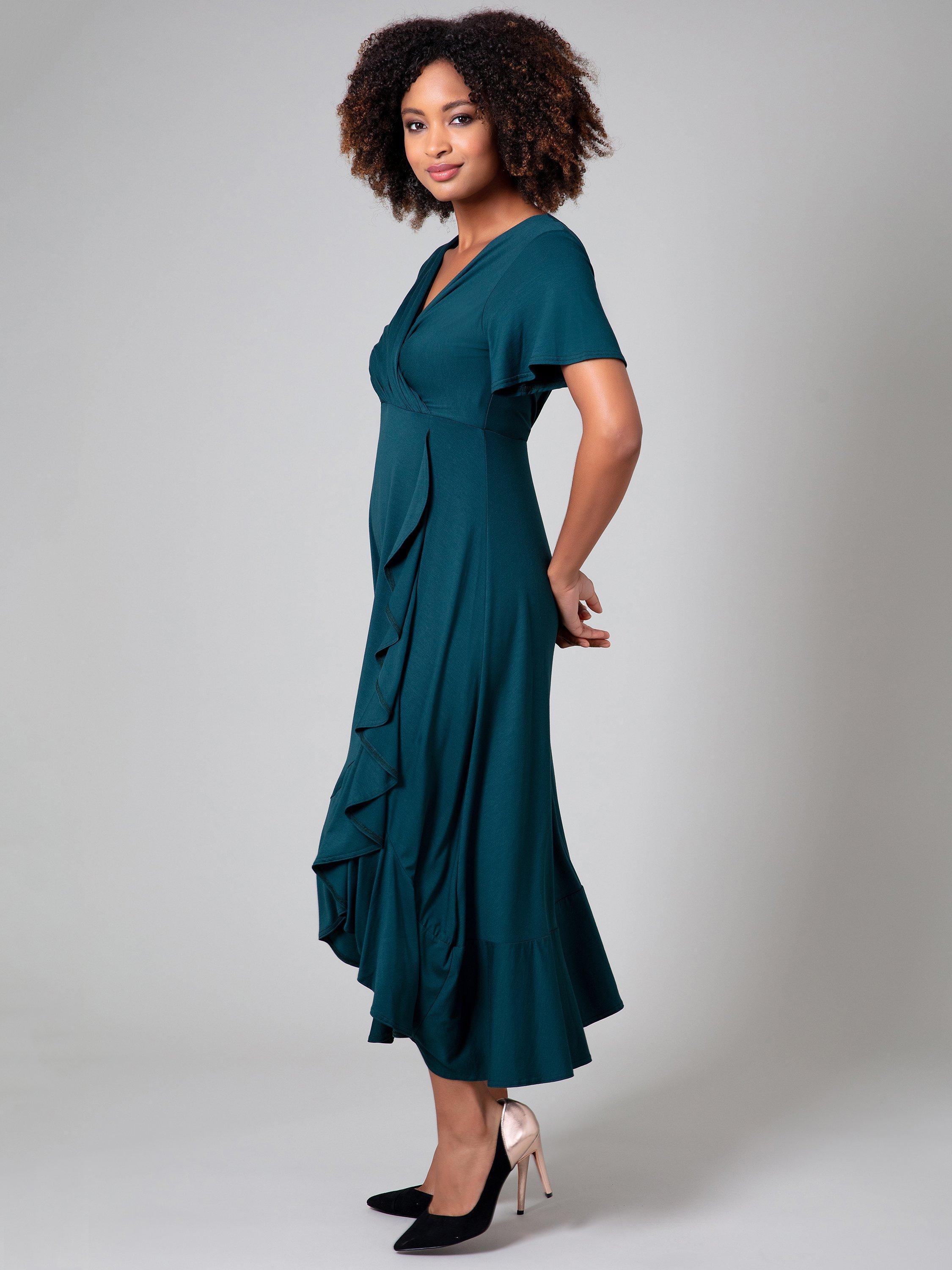 Product image 4 of 9, which shows Alie Street Plain Waterfall Dress, Pine Green, 8-10