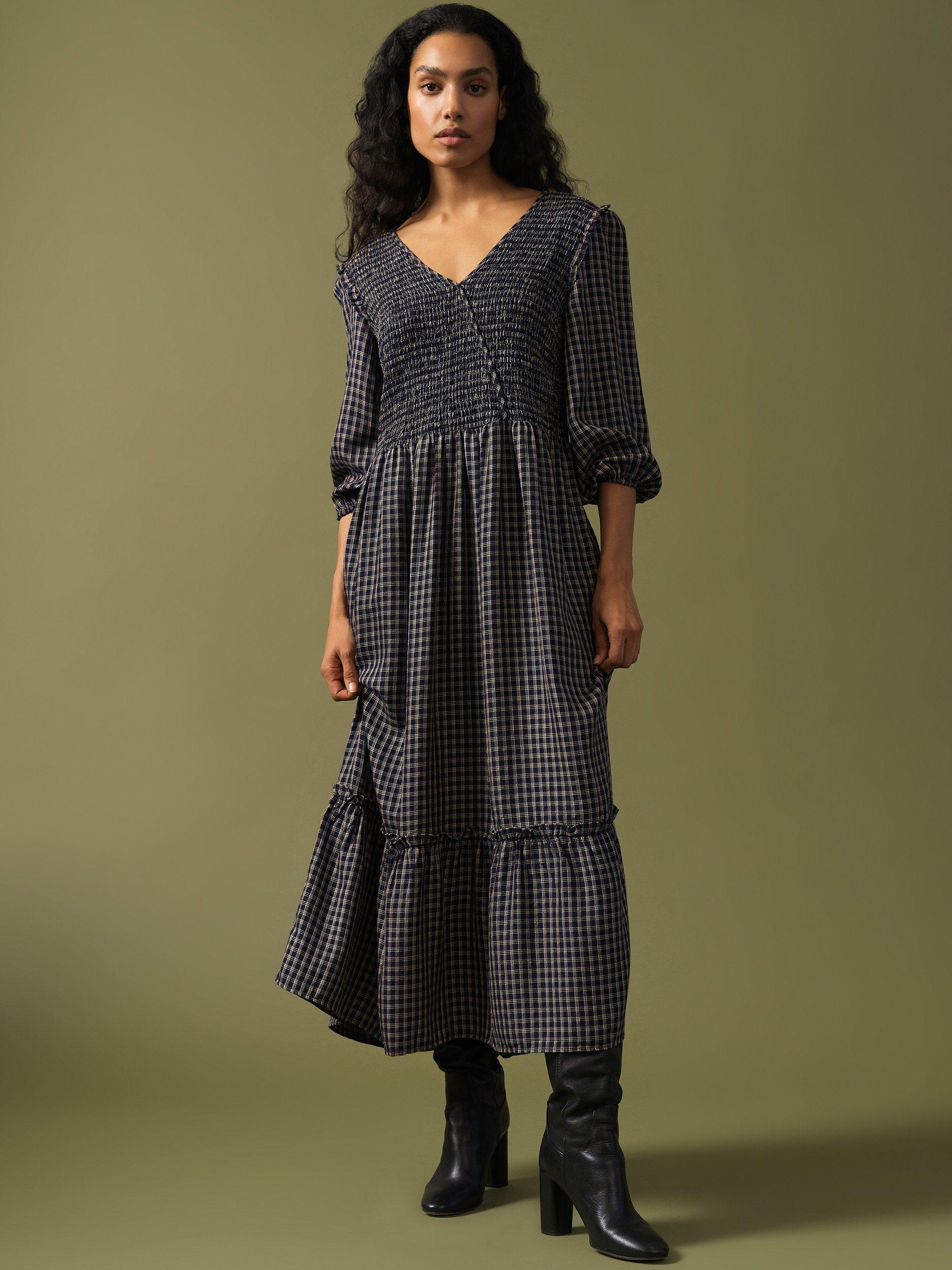 Great Plains Soft Check V Neck Smocked Dress, Indigo
