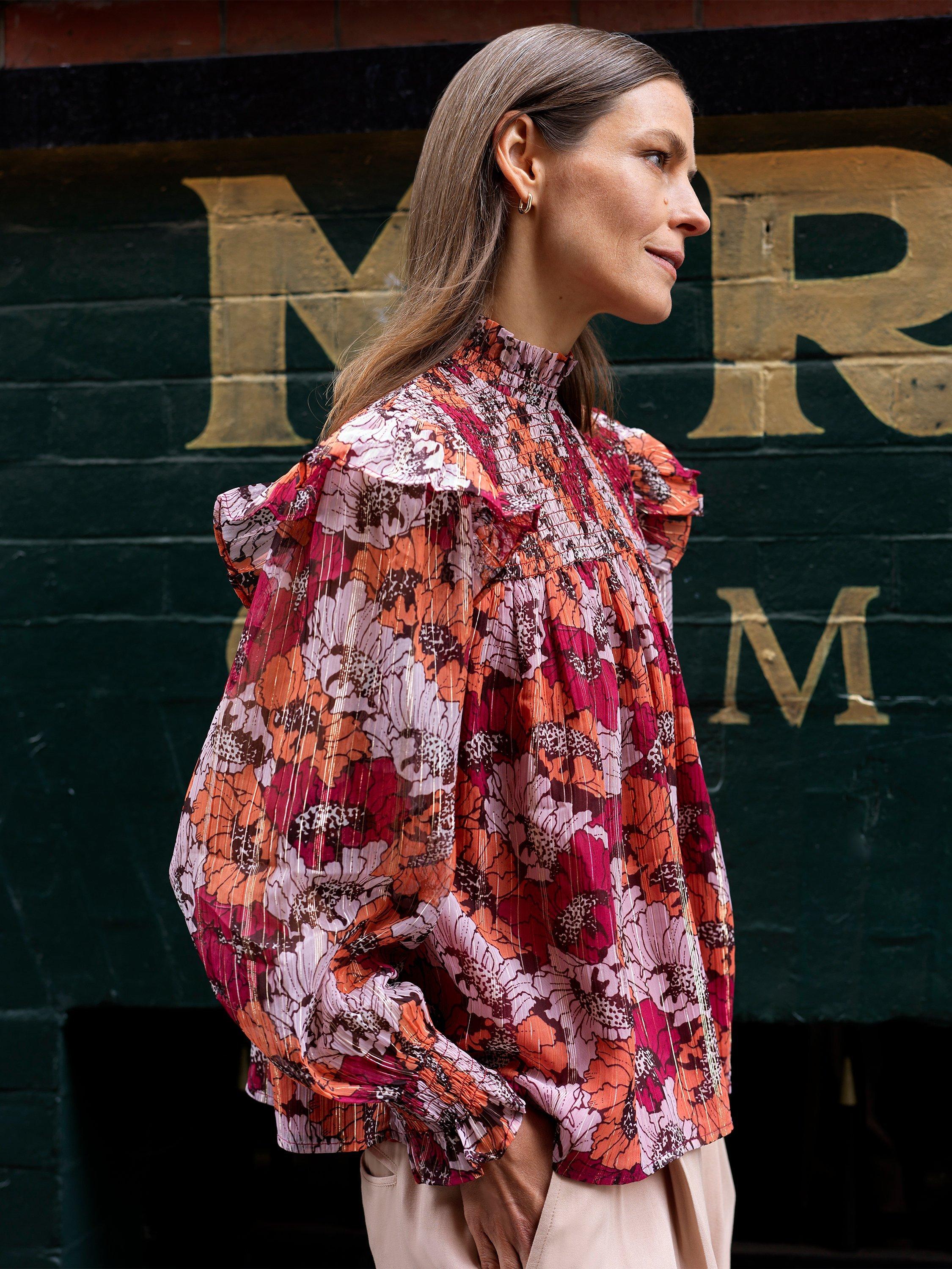 Great Plains Retro Poppy Smocked Top, Wine/Multi