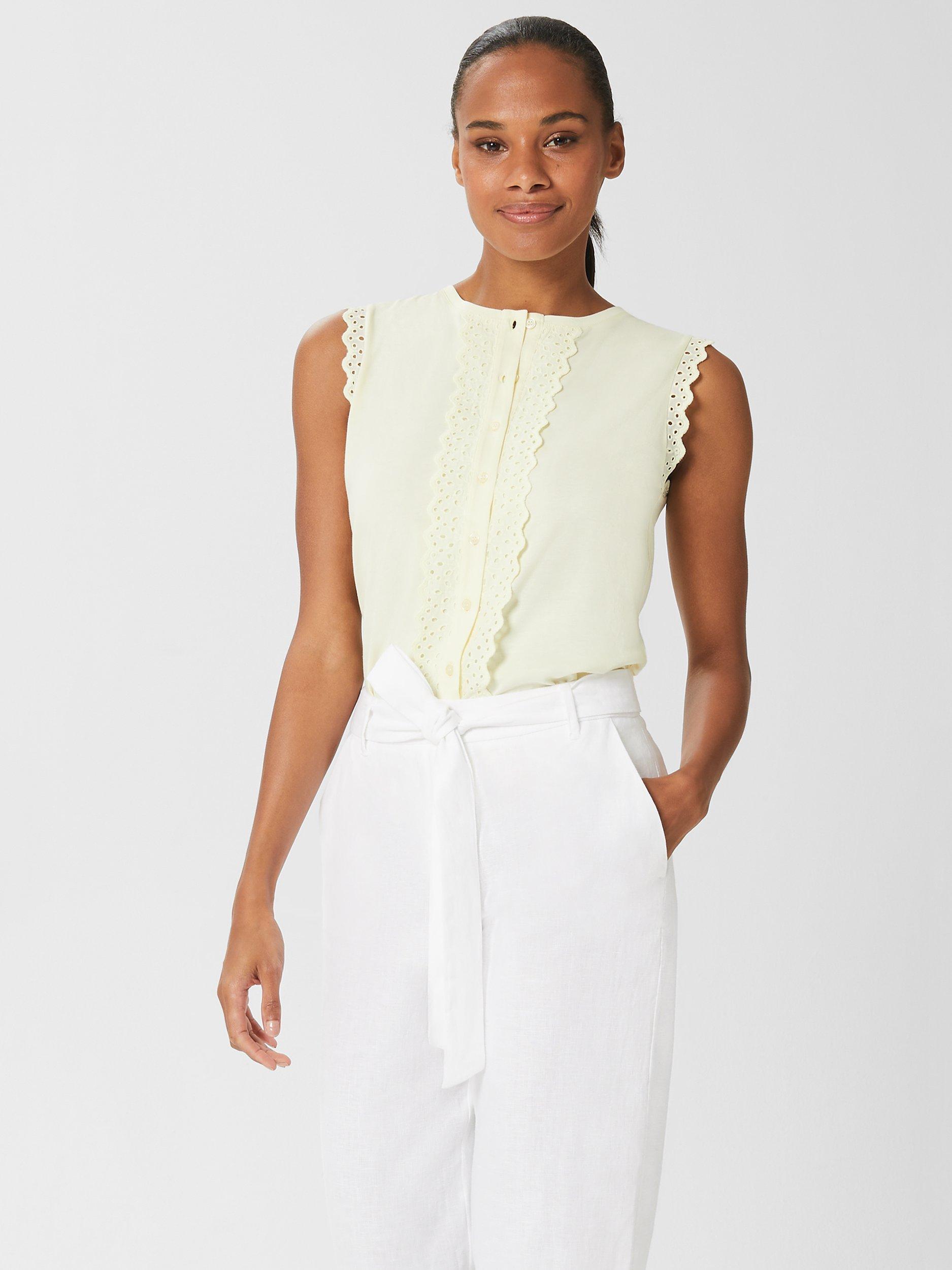 Product image 1 of 4, which shows Hobbs Lynne Broderie Anglaise Sleeveless Top, Lemon Drop, L