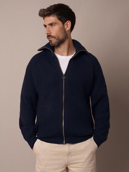 Celtic & Co. Ribbed Zip Merino Wool Cardigan, Dark Navy