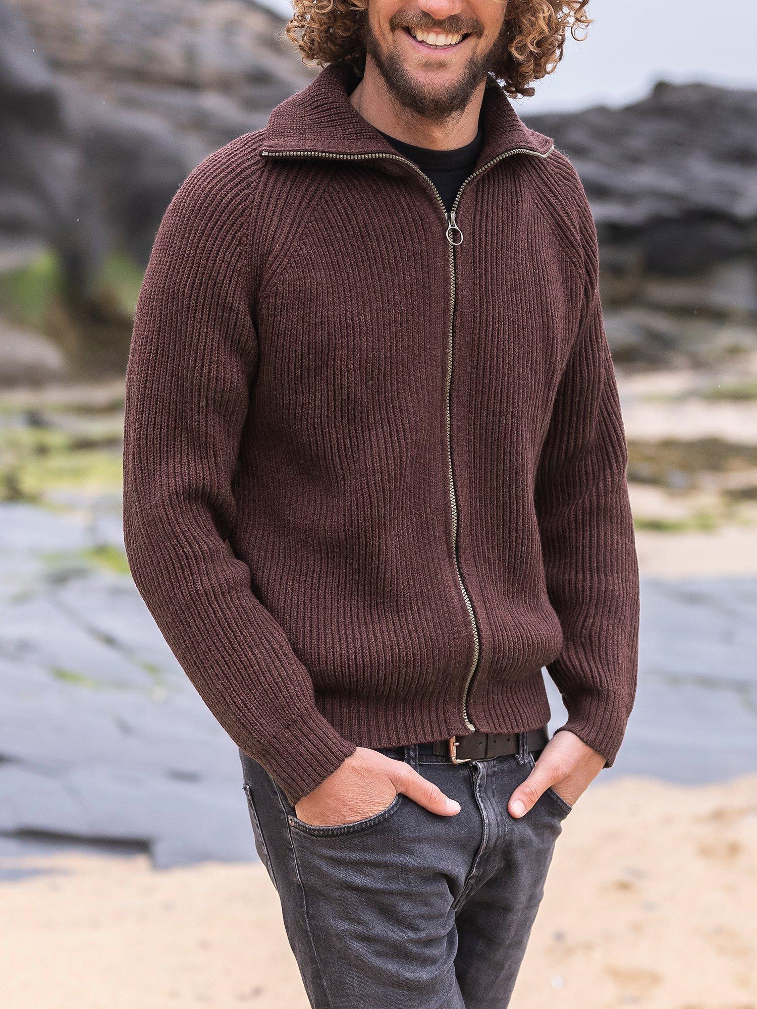Product image 1 of 9, which shows Celtic & Co. Ribbed Zip Merino Wool Cardigan, Merlot, S