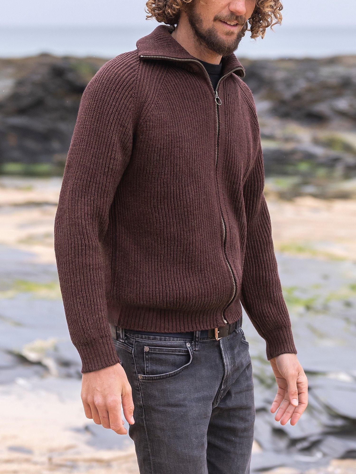 Product image 2 of 9, which shows Celtic & Co. Ribbed Zip Merino Wool Cardigan, Merlot, S