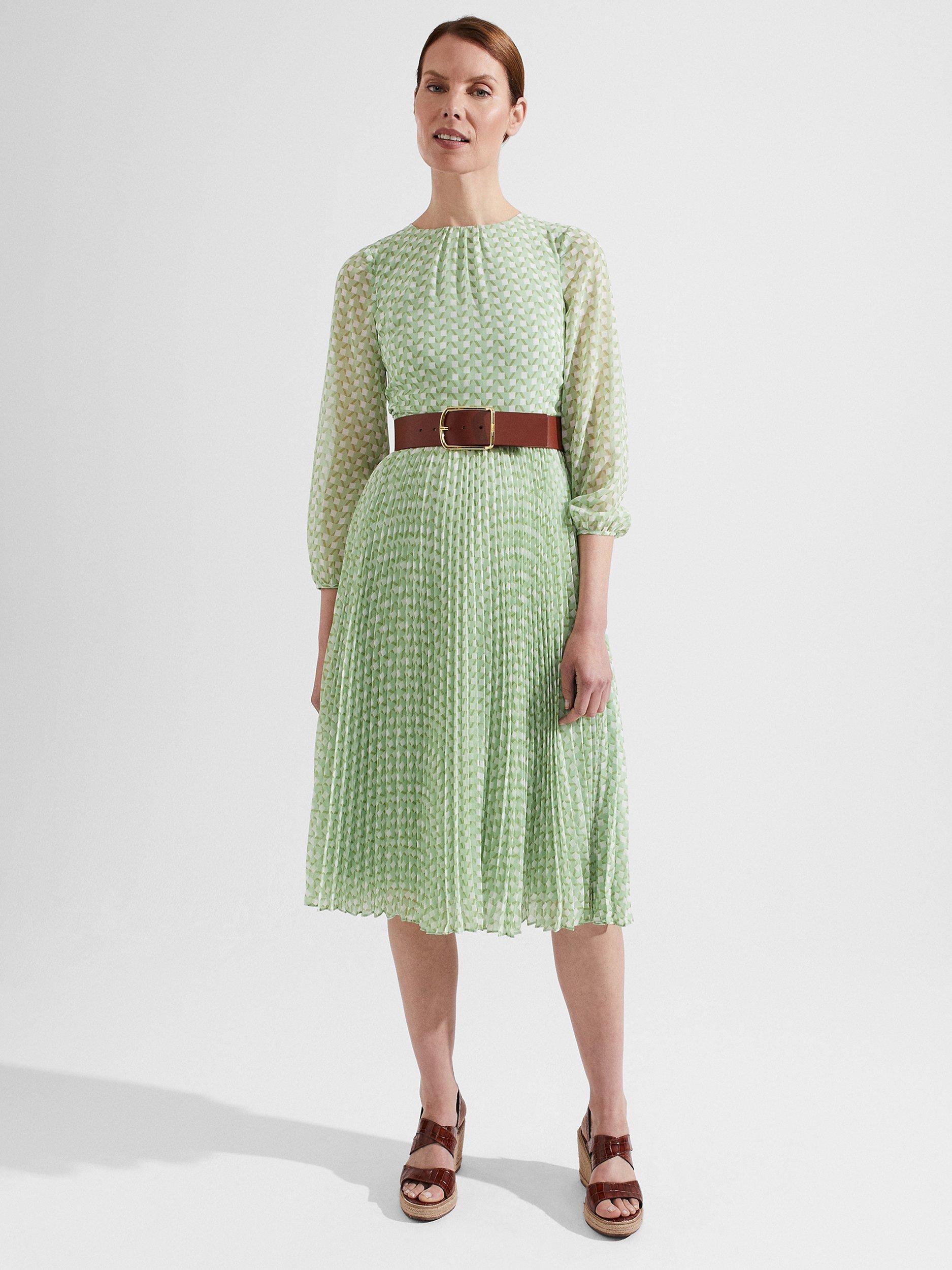 Hobbs Salma Geometric Print Pleated Dress, Green/Multi, 14
