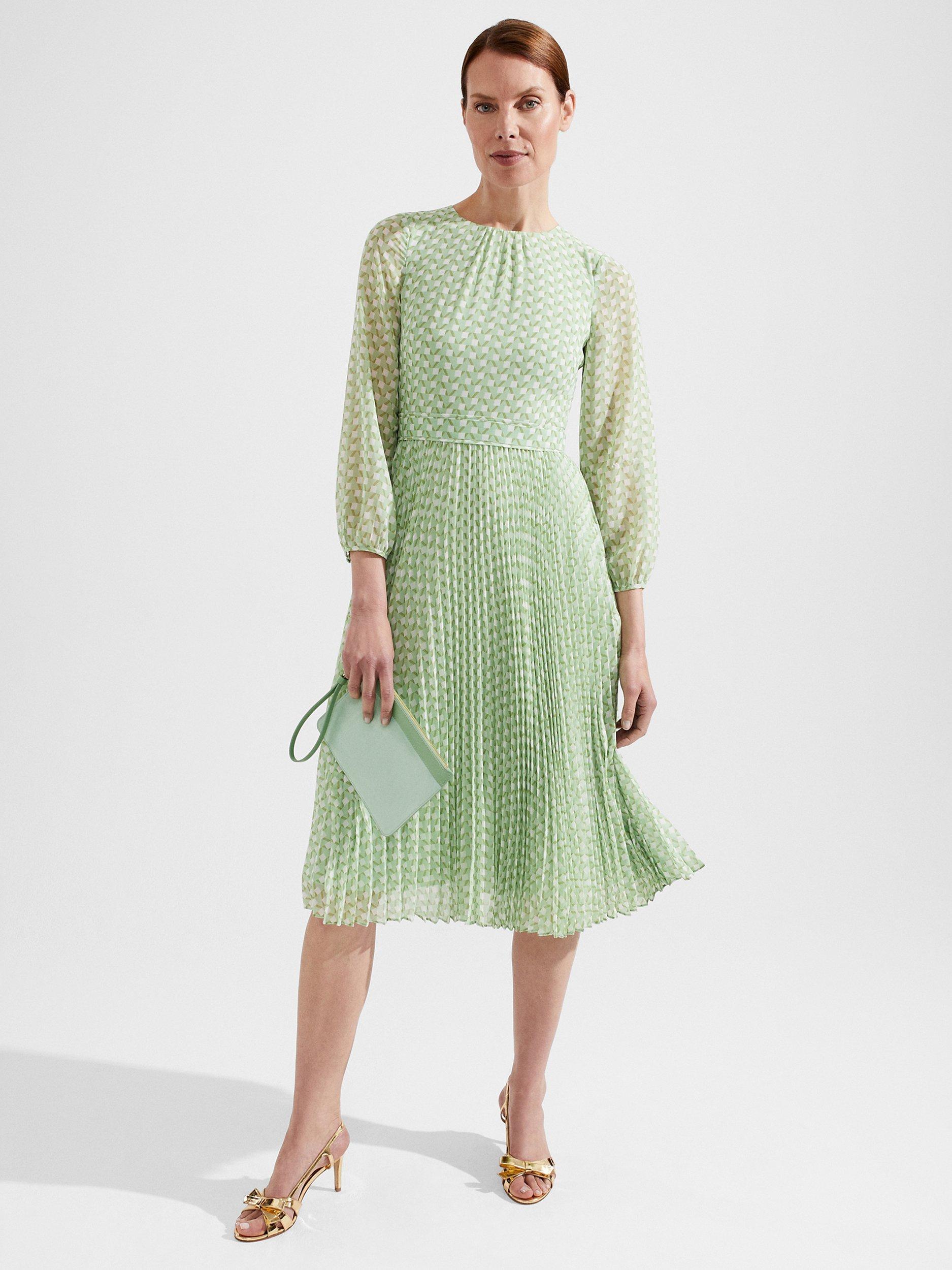 Hobbs Salma Geometric Print Pleated Dress, Green/Multi, 14