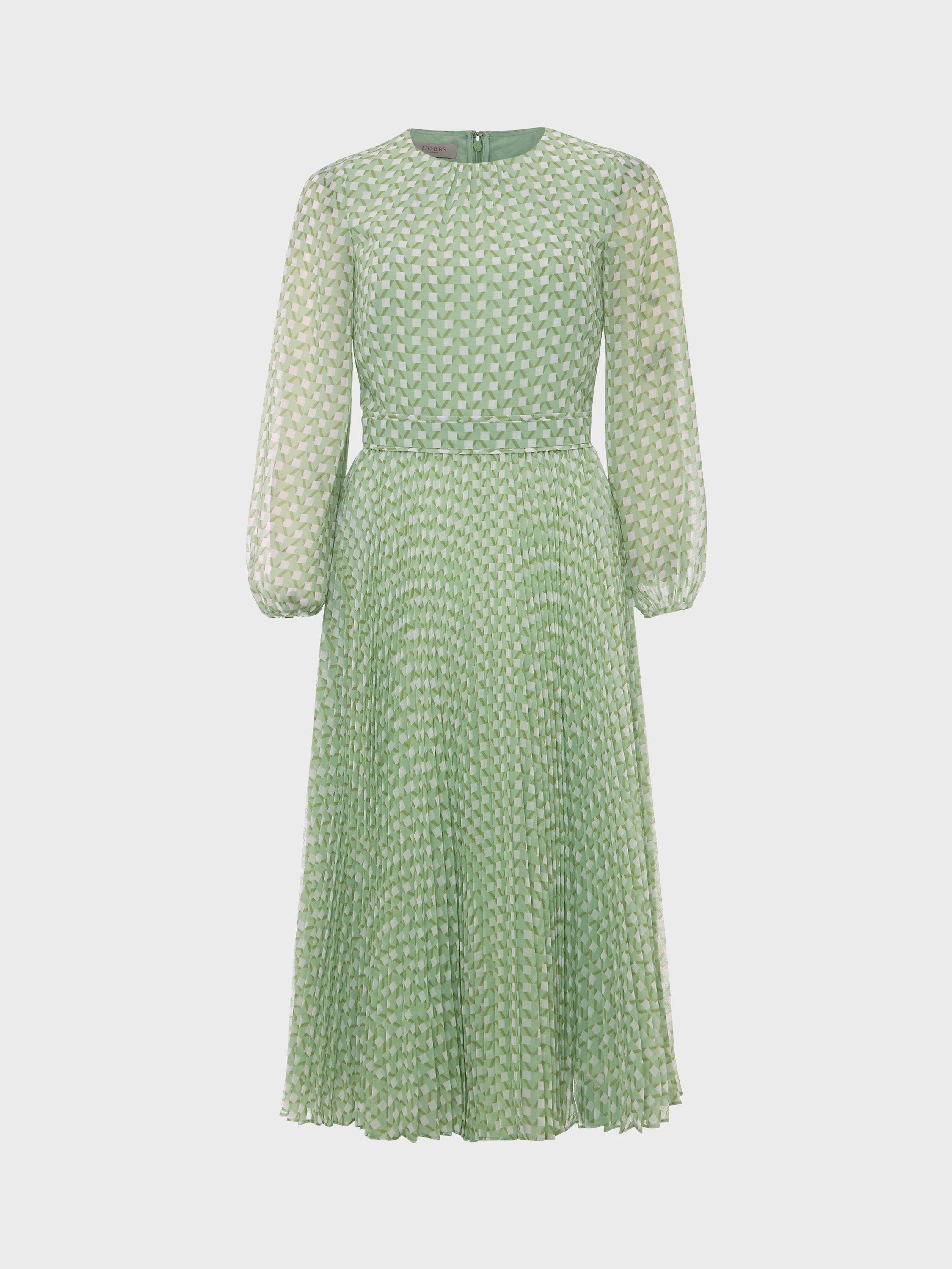 Hobbs Salma Geometric Print Pleated Dress, Green/Multi, 14