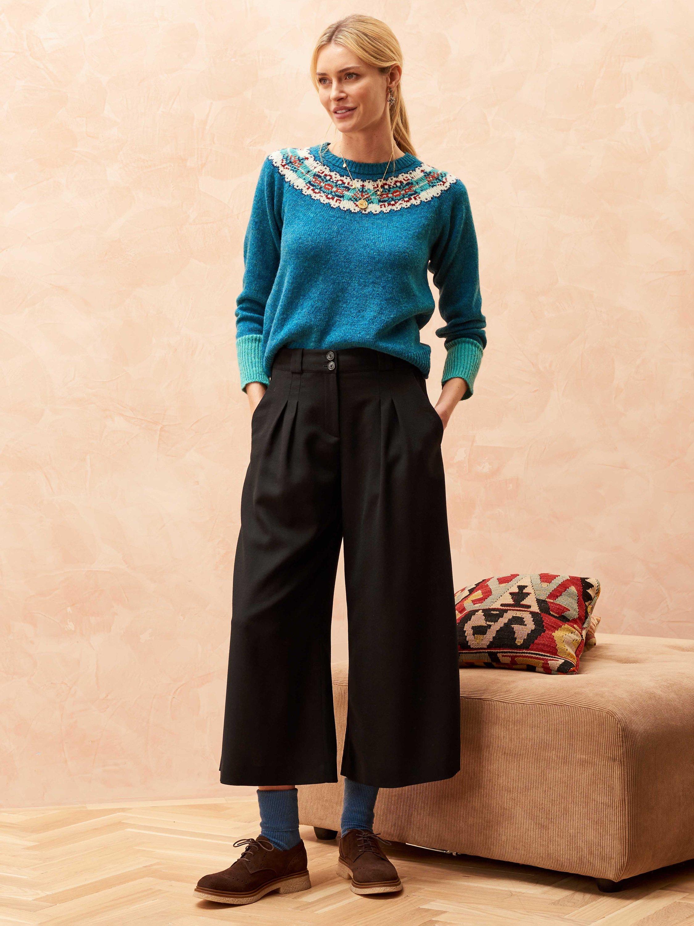Brora Plain Wool Crepe Cropped Culotte Trousers, Black