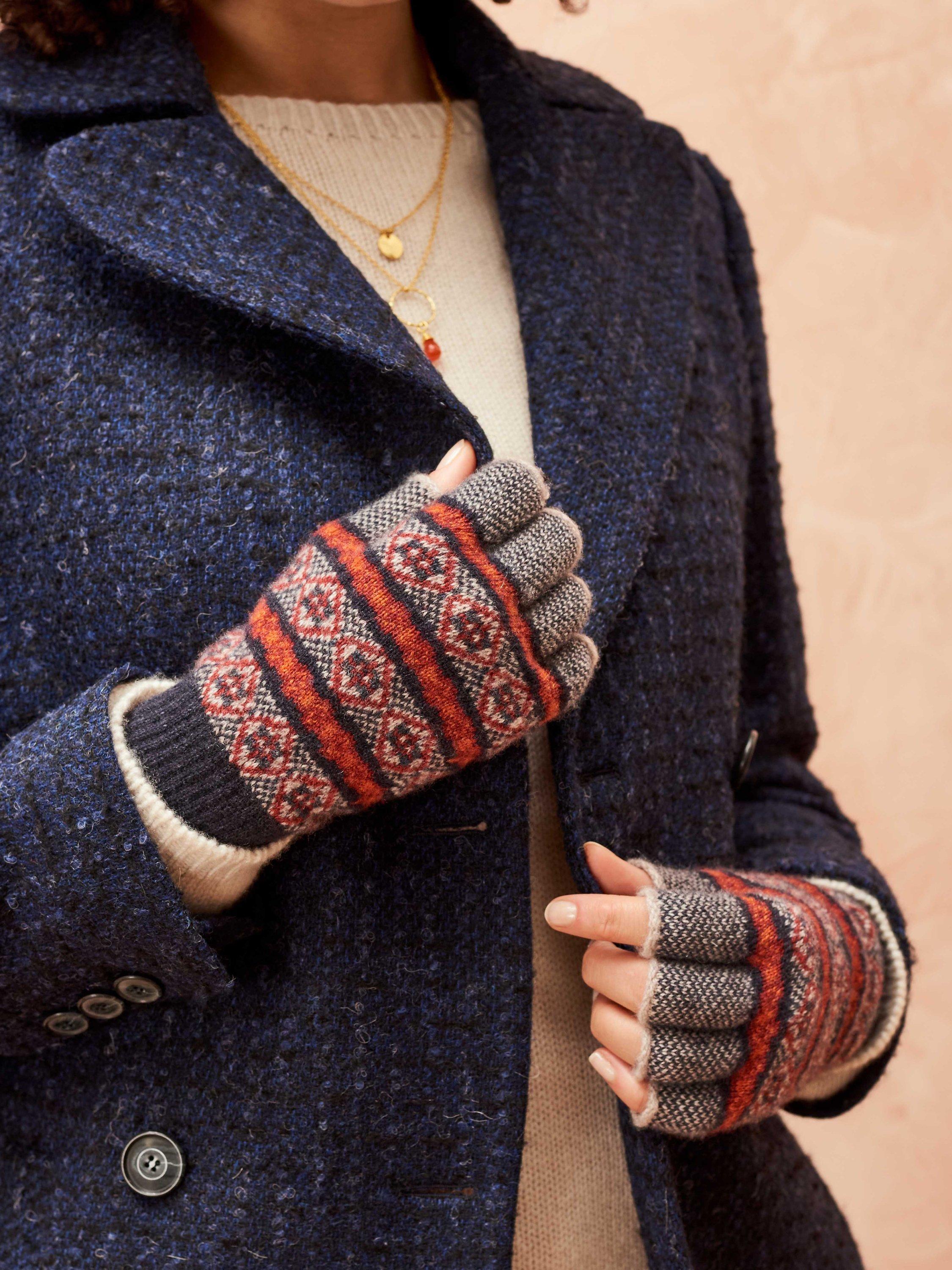 Brora Cashmere Folk Fingerless Gloves, Midnight, One Size