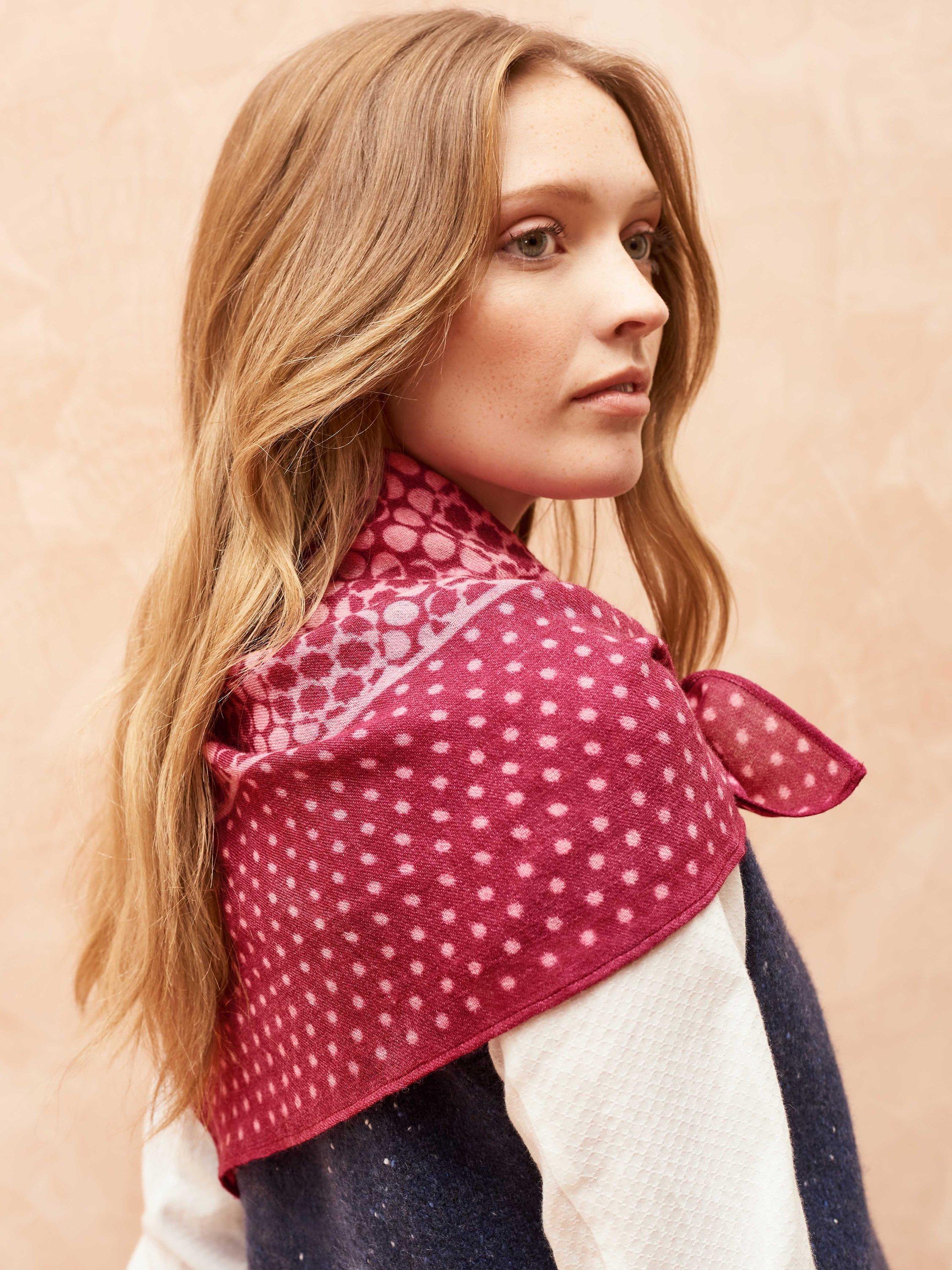 Brora Two Tone Spot Wool Scarf, Mulberry/Rose