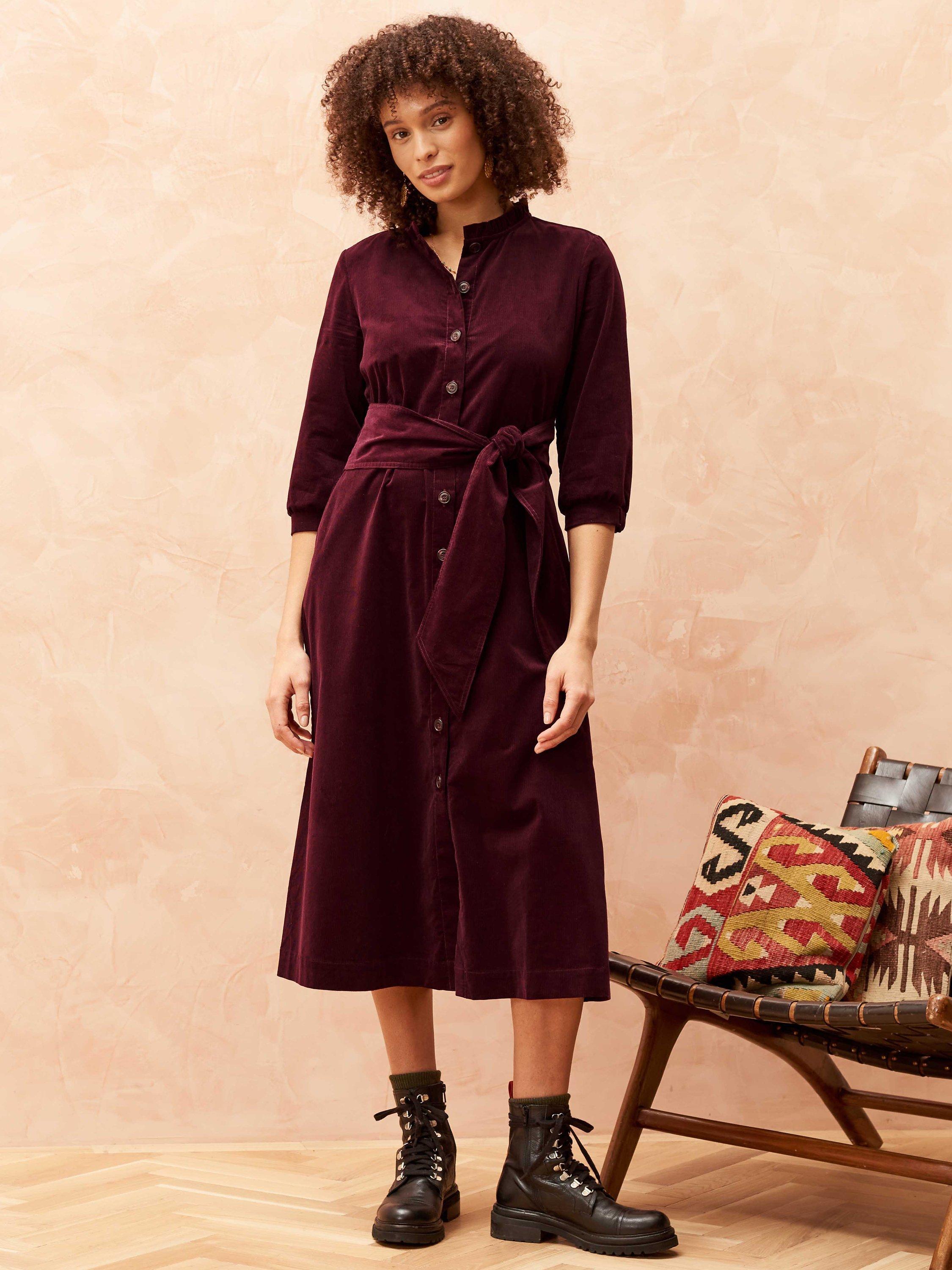 Brora Needlecord Shirt Midi Dress, Damson