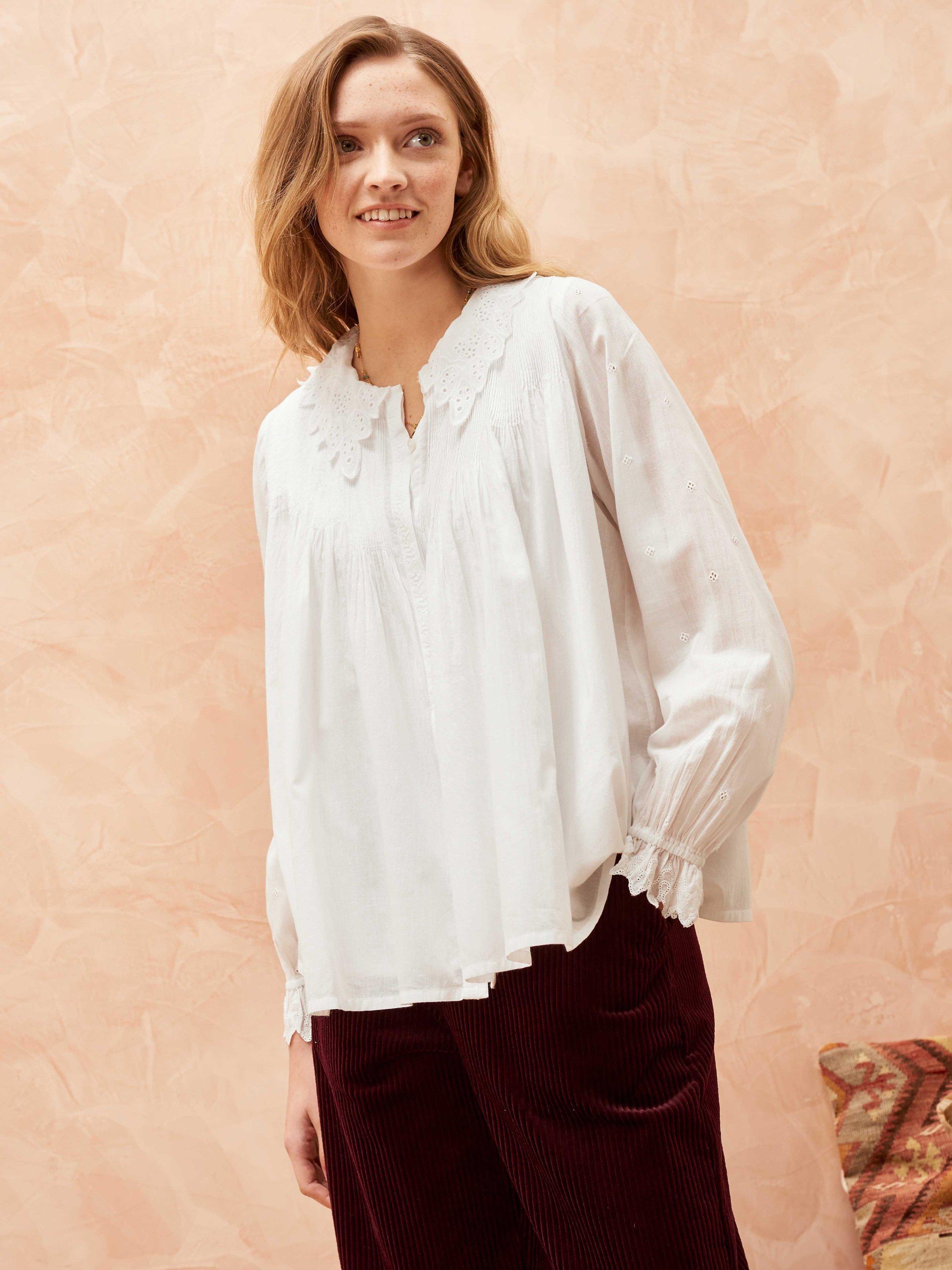 Brora Organic Cotton Pintuck Blouse, White