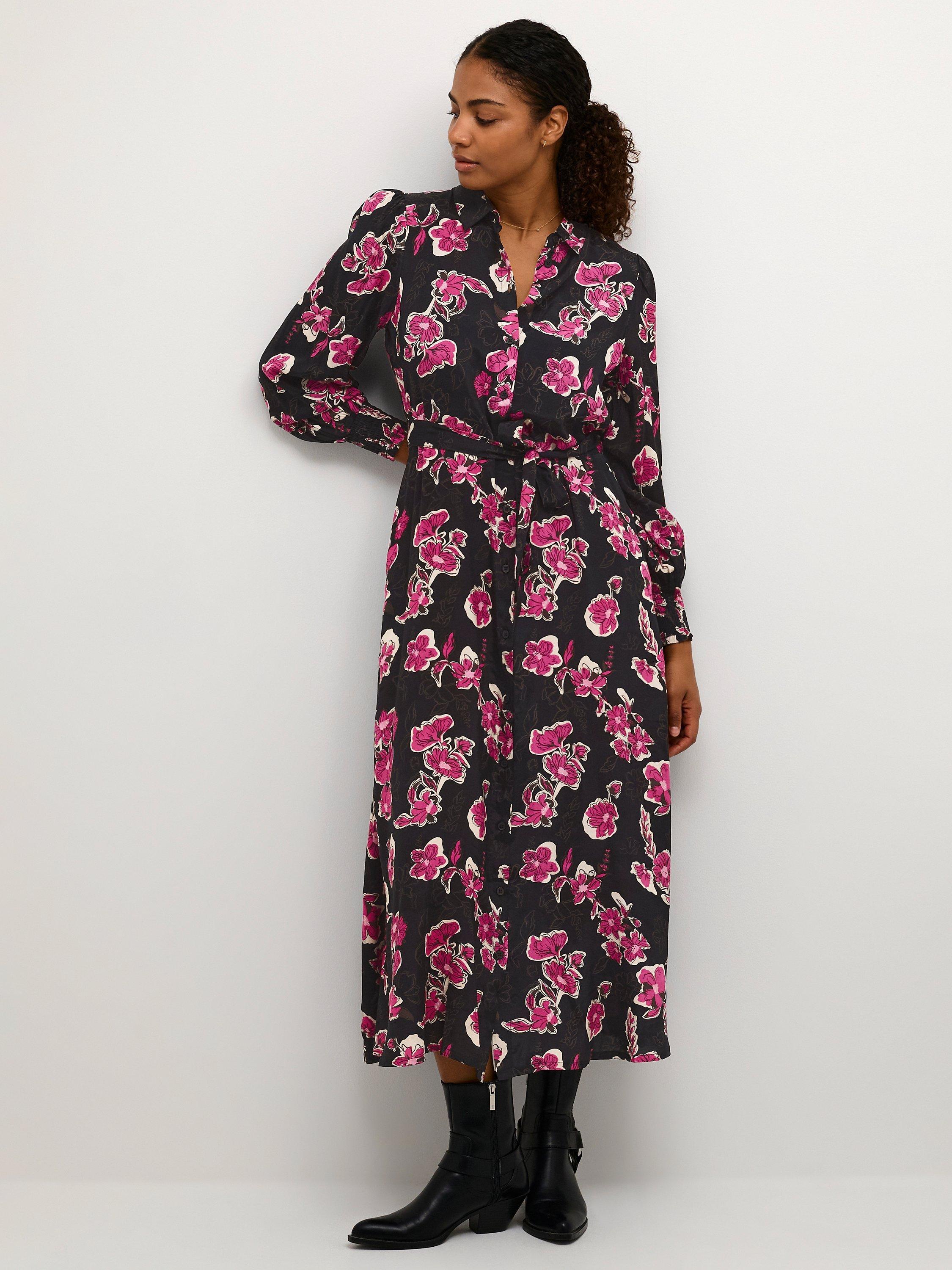 KAFFE Pollie Oline Shirt Midi Dress, Fuchsia Red Flower 