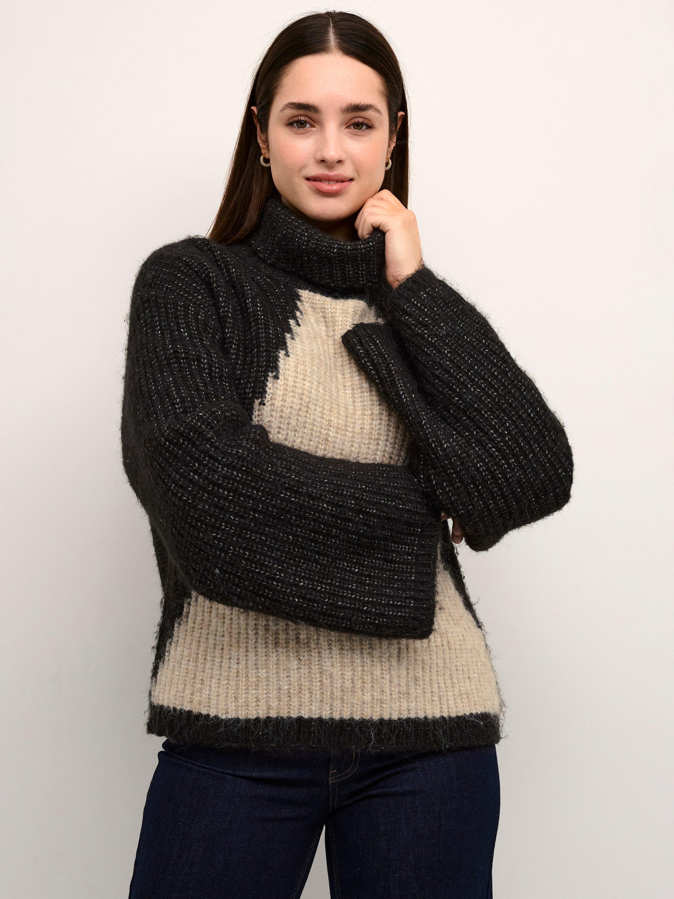 KAFFE Signid Roll Neck Oversize Fit Pullover Jumper, Black/Sand